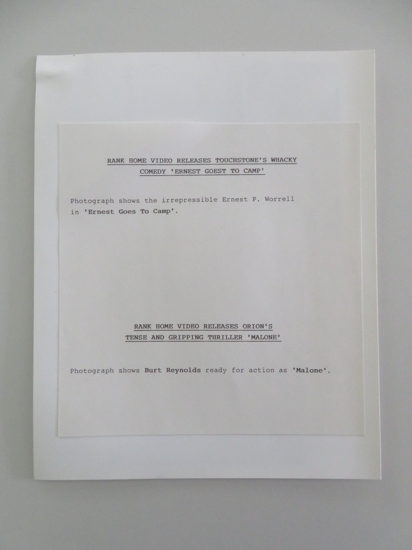 ERNEST GOES TO CAMP + MALONE - RANK HOME VIDEO RELEASES MOVIE STILL PHOTO 1987 Movie posters