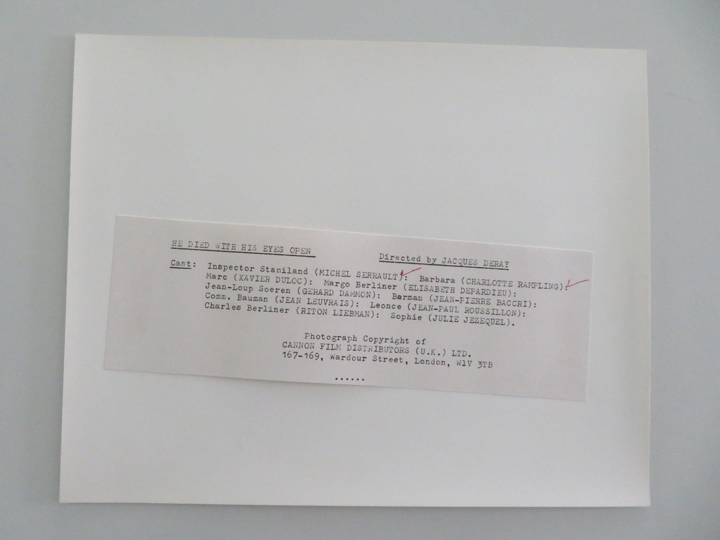 HE DIED WITH HIS EYES OPEN MOVIE STILL PHOTO CHARLOTTE RAMPLING M. SERRAULT 1985 Movie posters