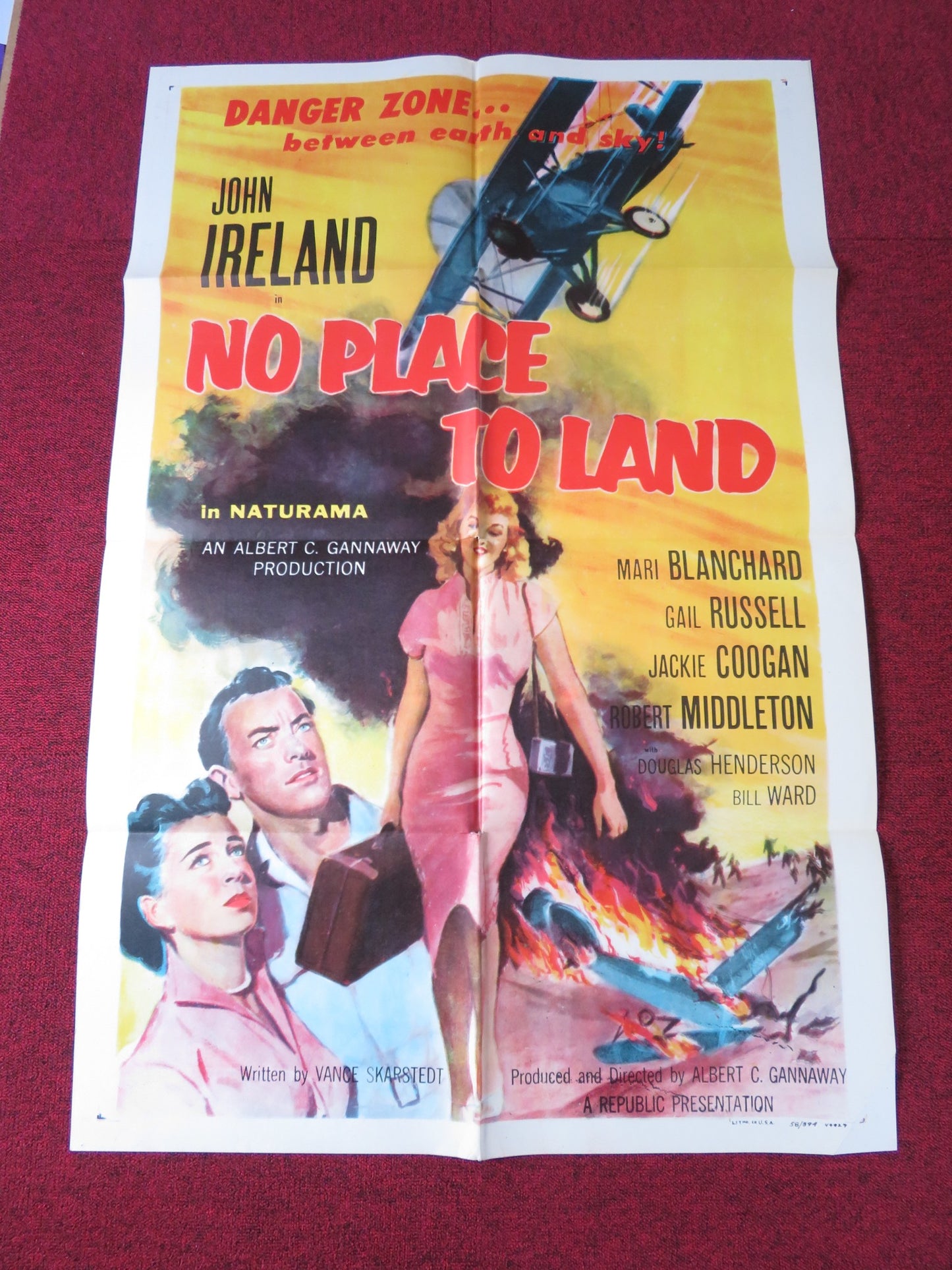 NO PLACE TO LAND FOLDED US ONE SHEET POSTER JOHN IRELAND MARI BLANCHARD 1958