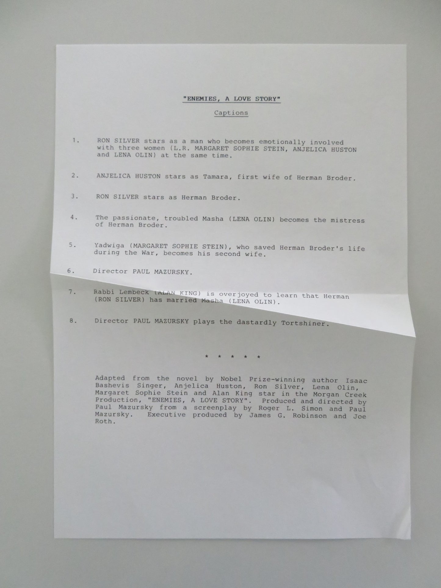 ENEMIES, A LOVE STORY MOVIE STILL PHOTO LOT OF 8 ANJELICA HUSTON RON SILVER 1989 - Rendezvous Cinema