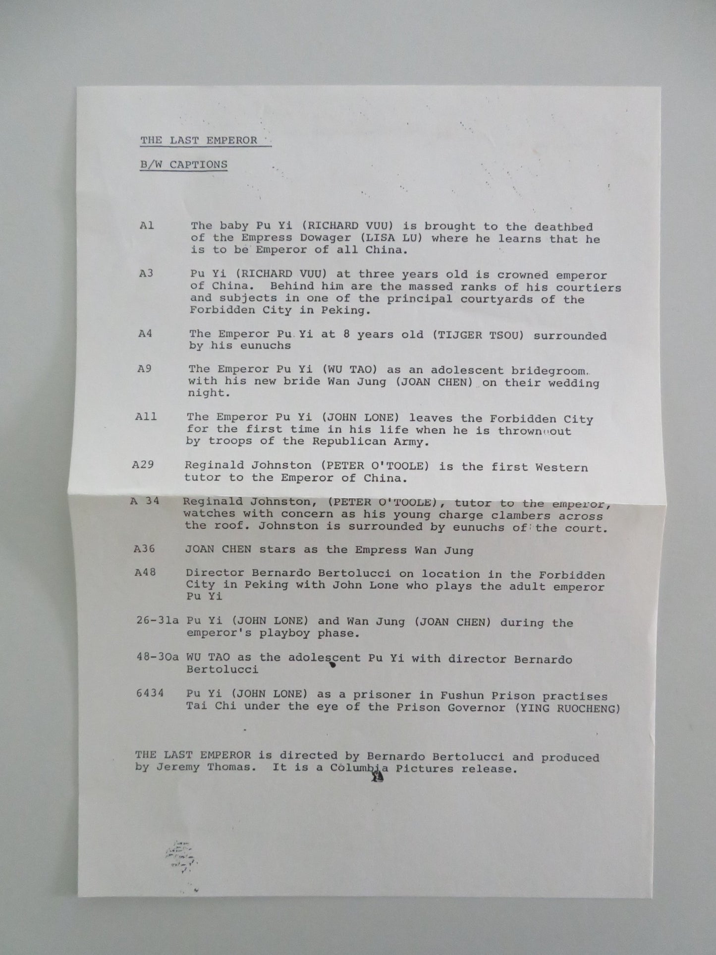 THE LAST EMPEROR MOVIE STILL PHOTO LOT OF 12 JOHN LONE PETER O'TOOLE 1987