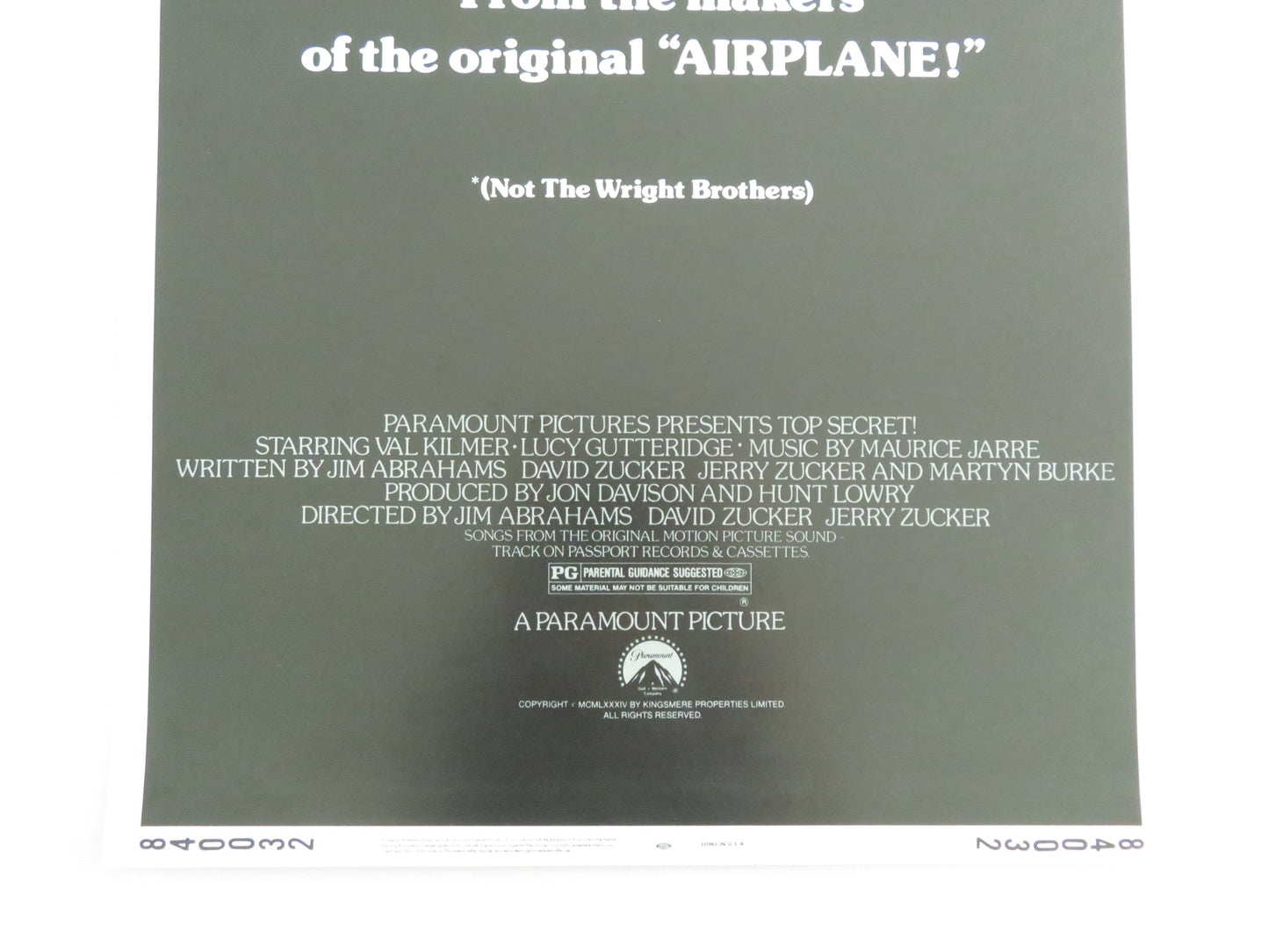 TOP SECRET! US INSERT POSTER VAL KILMER OMAR SHARIF 1984 - Rendezvous Cinema