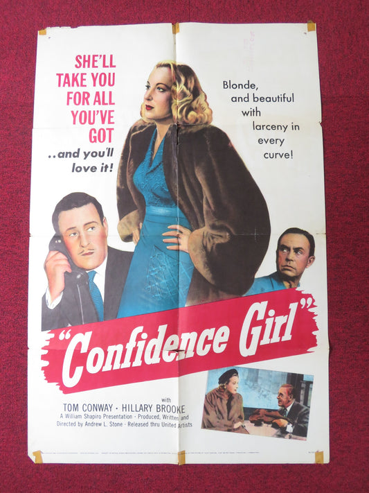 CONFIDENCE GIRL FOLDED US ONE SHEET POSTER TOM CONWAY HILLARY BROOKE 1952