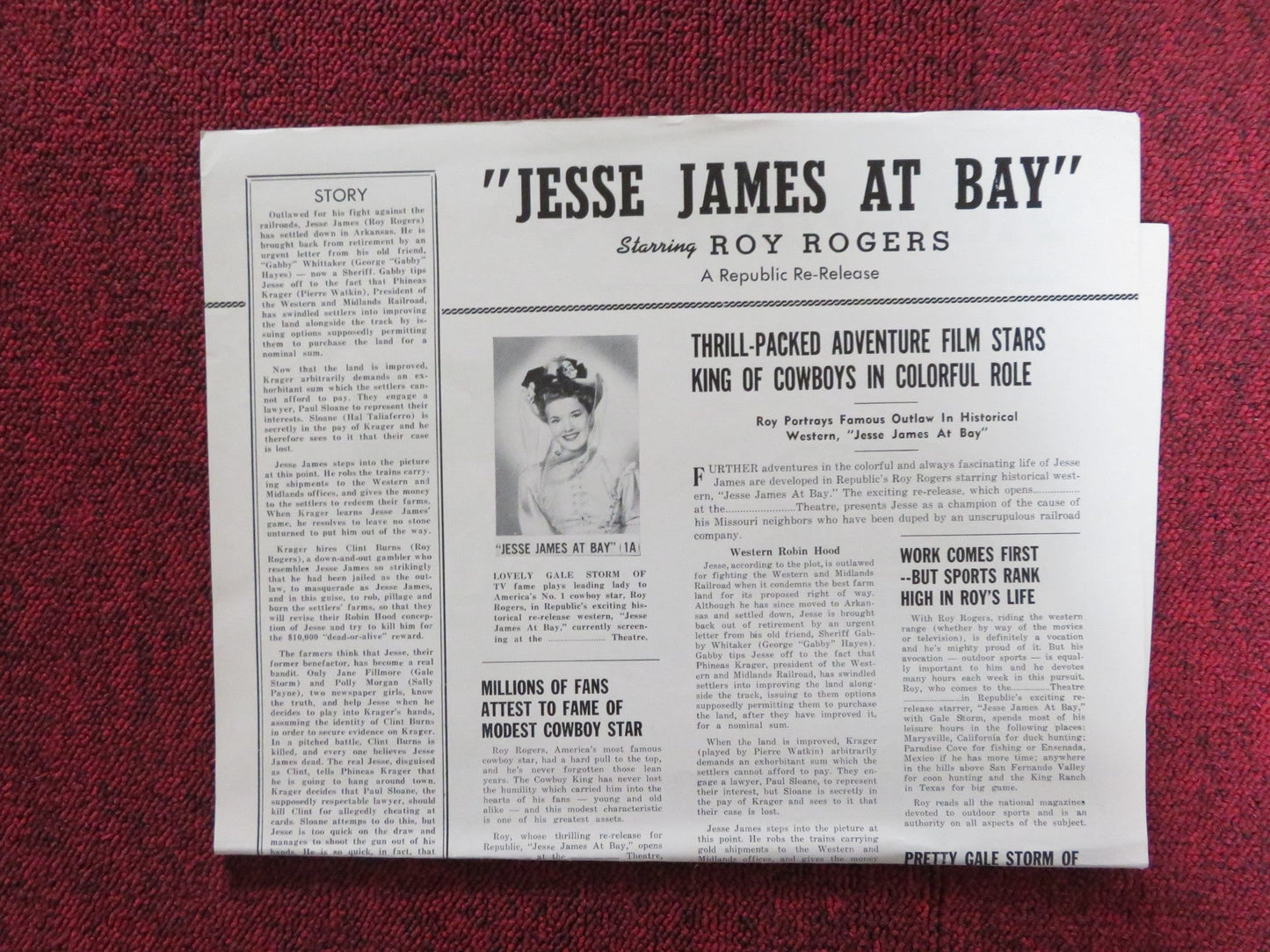 JESSE JAMES AT BAY UNCUT FOLDED PRESS BOOK ROY ROGERS GALE STORM R1955 Rendezvous Cinema Movie posters