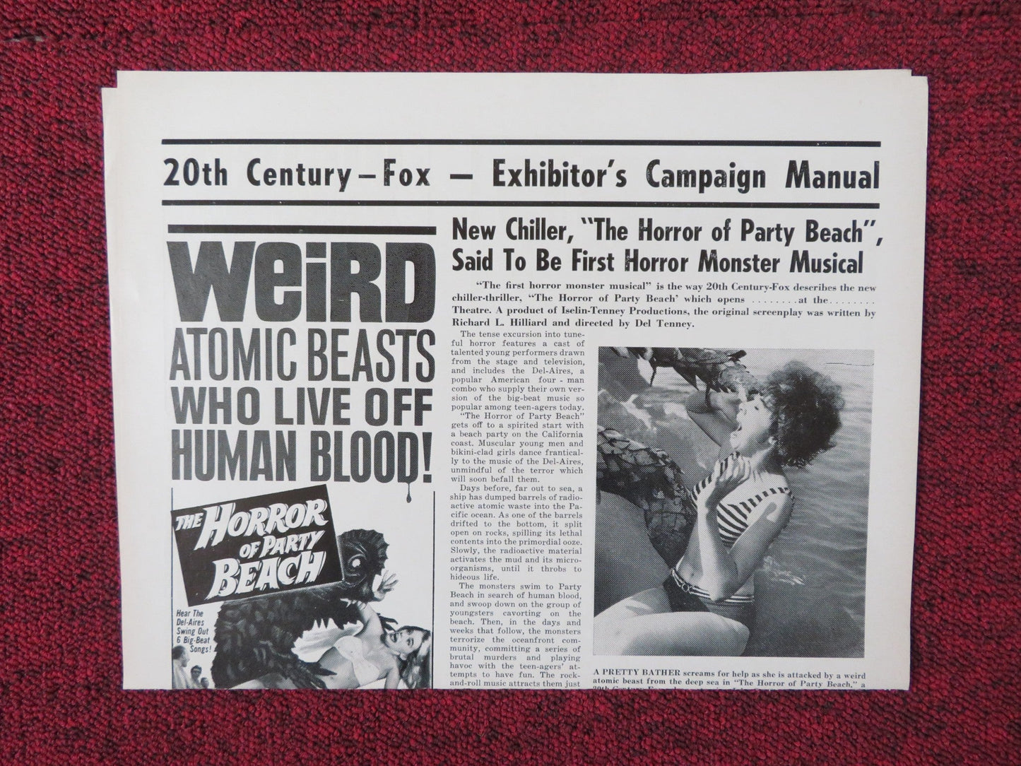 THE HORROR OF PARTY BEACH UNCUT SUPPLEMENT FOLDED PRESS BOOK JOHN LYON 1964 Rendezvous Cinema Movie posters