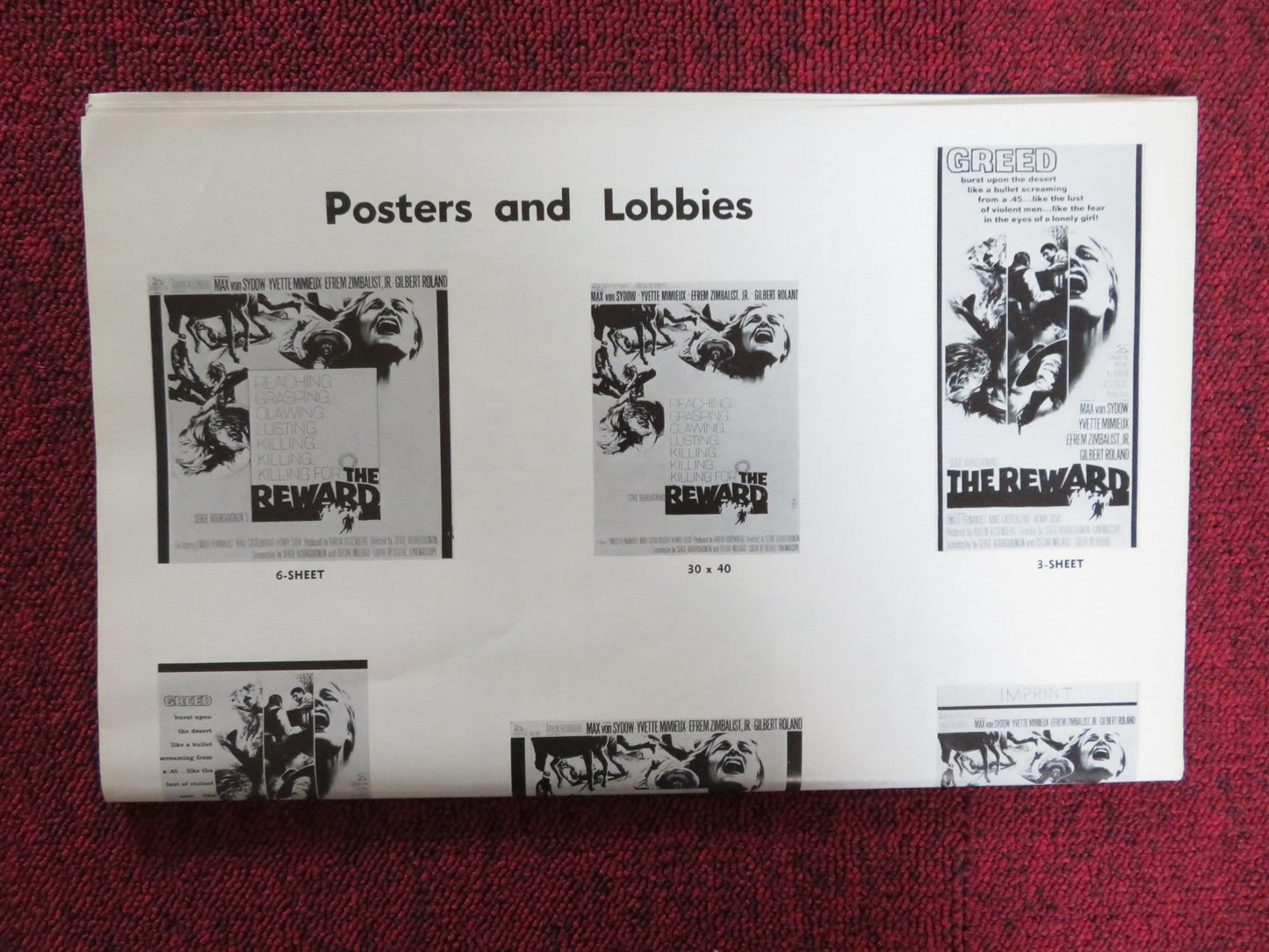 THE REWARD UNCUT FOLDED PRESS BOOK MAX VON SYDOW YVETTE MIMIEUX 1965 Rendezvous Cinema Movie posters