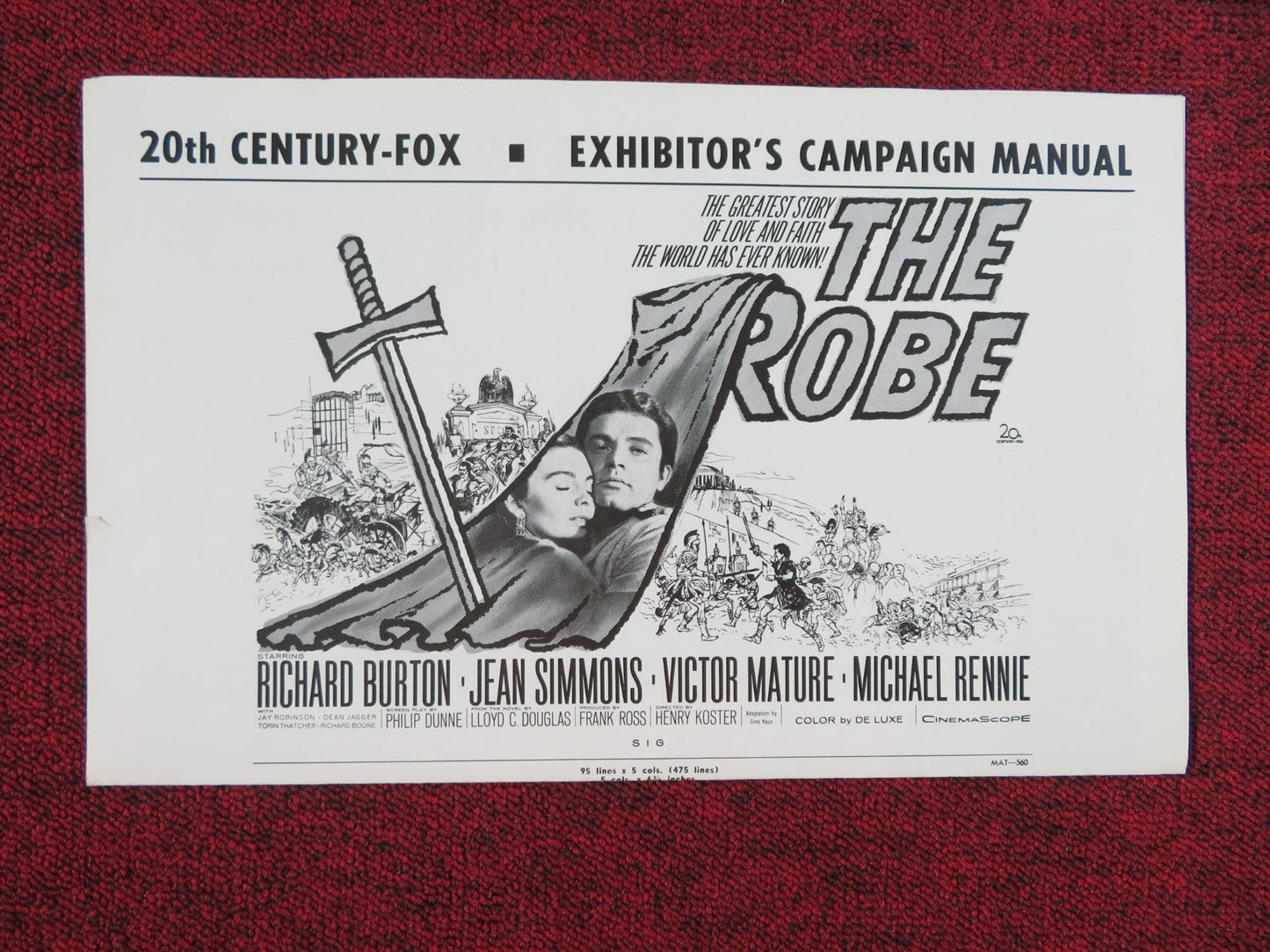 THE ROBE UNCUT PRESS BOOK FOLDED RICHARD BURTON JEAN SIMMONS R1963 Rendezvous Cinema Movie posters