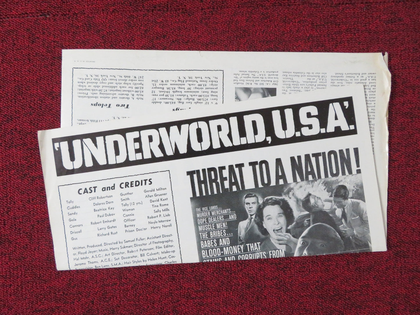 UNDERWORLD U.S.A. UNCUT FOLDED PRESS BOOK CLIFF ROBERTSON DOLORE DORN 1961 Rendezvous Cinema Movie posters