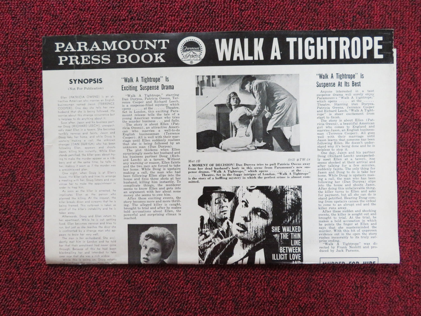WALK A TIGHTROPE UNCUT PRESS BOOK FOLDED DAN DURYEA PATRICIA OWENS 1963 Rendezvous Cinema Movie posters