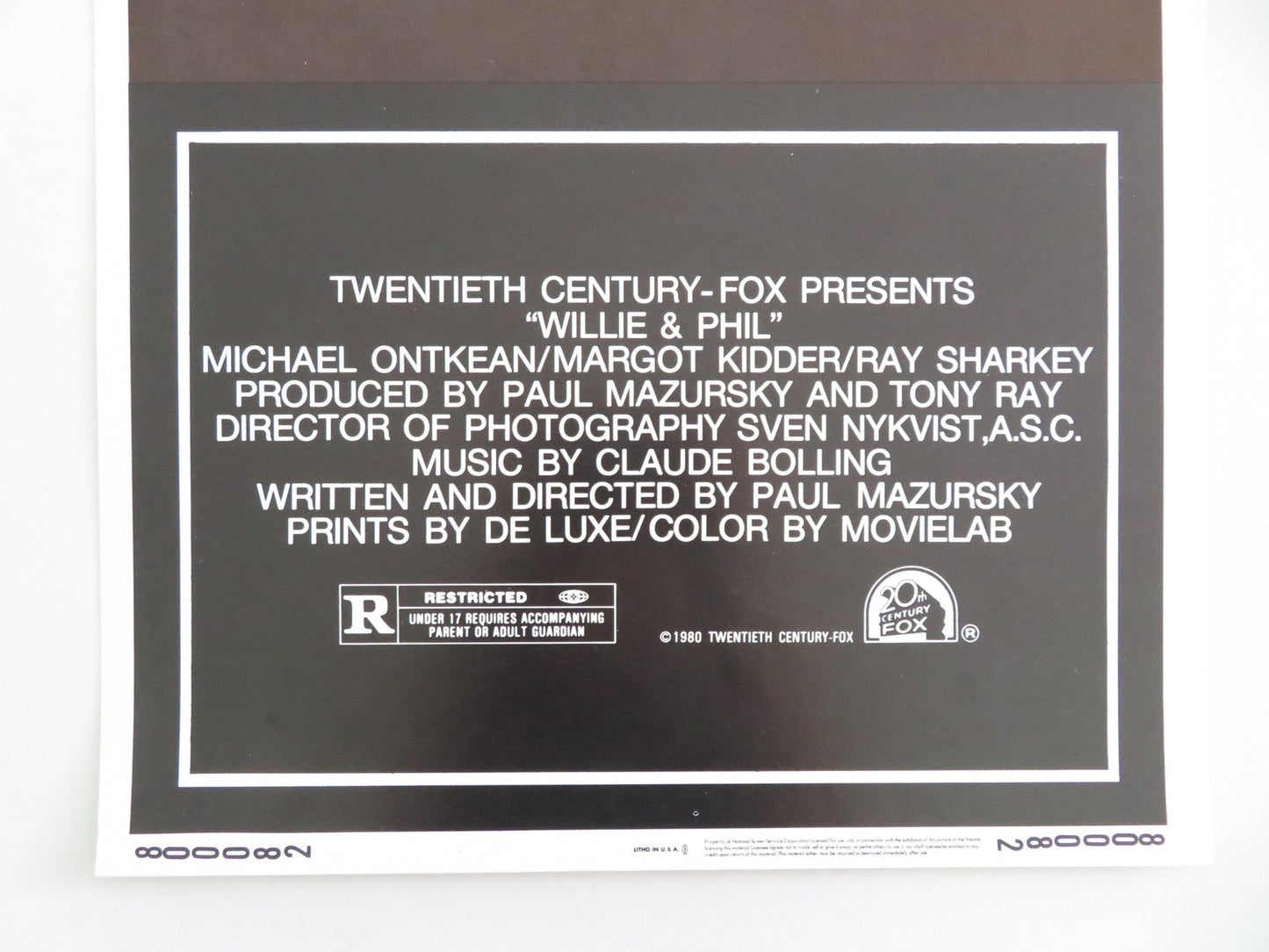 WILLIE & PHIL US INSERT POSTER MICHAEL ONTKEAN MARGOT KIDDER 1980 Movie posters