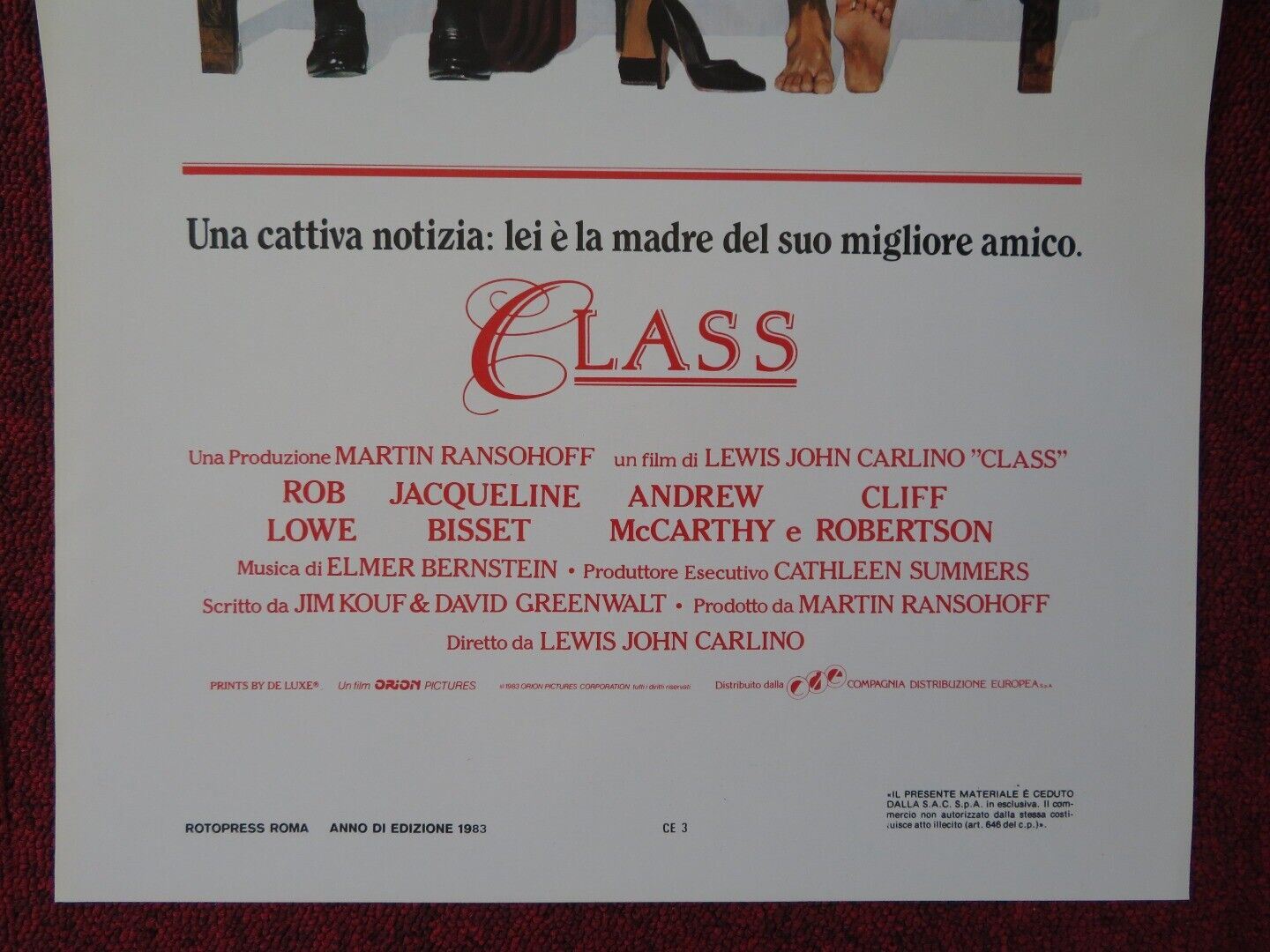 CLASS ITALIAN LOCANDINA (27.5"x13") POSTER ROB LOWE JACQUELINE BISSET 1983