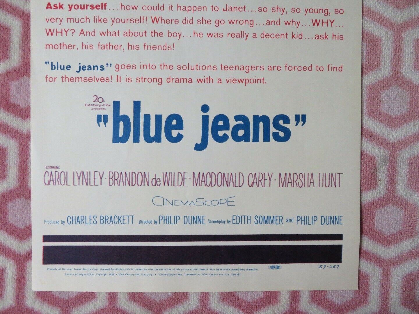 BLUE JEANS US INSERT (14"x 36") POSTER CAROOL LYNLEY BRANDON DEWILDE 1959 Movie posters