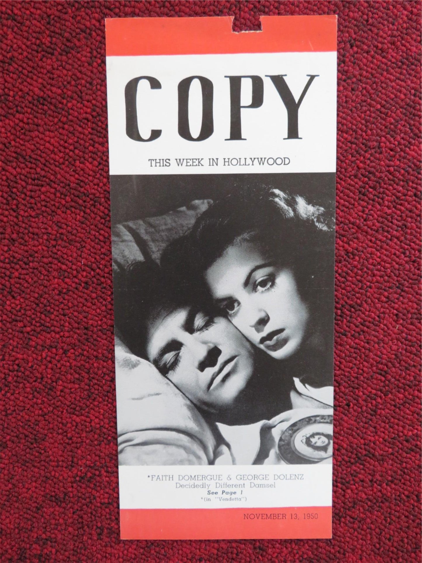 COPY FLYER NOV. 13 1950 VENDETTA RKO RADIO FAITH DOMERGUE GEORGE DOLENZ Rendezvous Cinema Movie posters