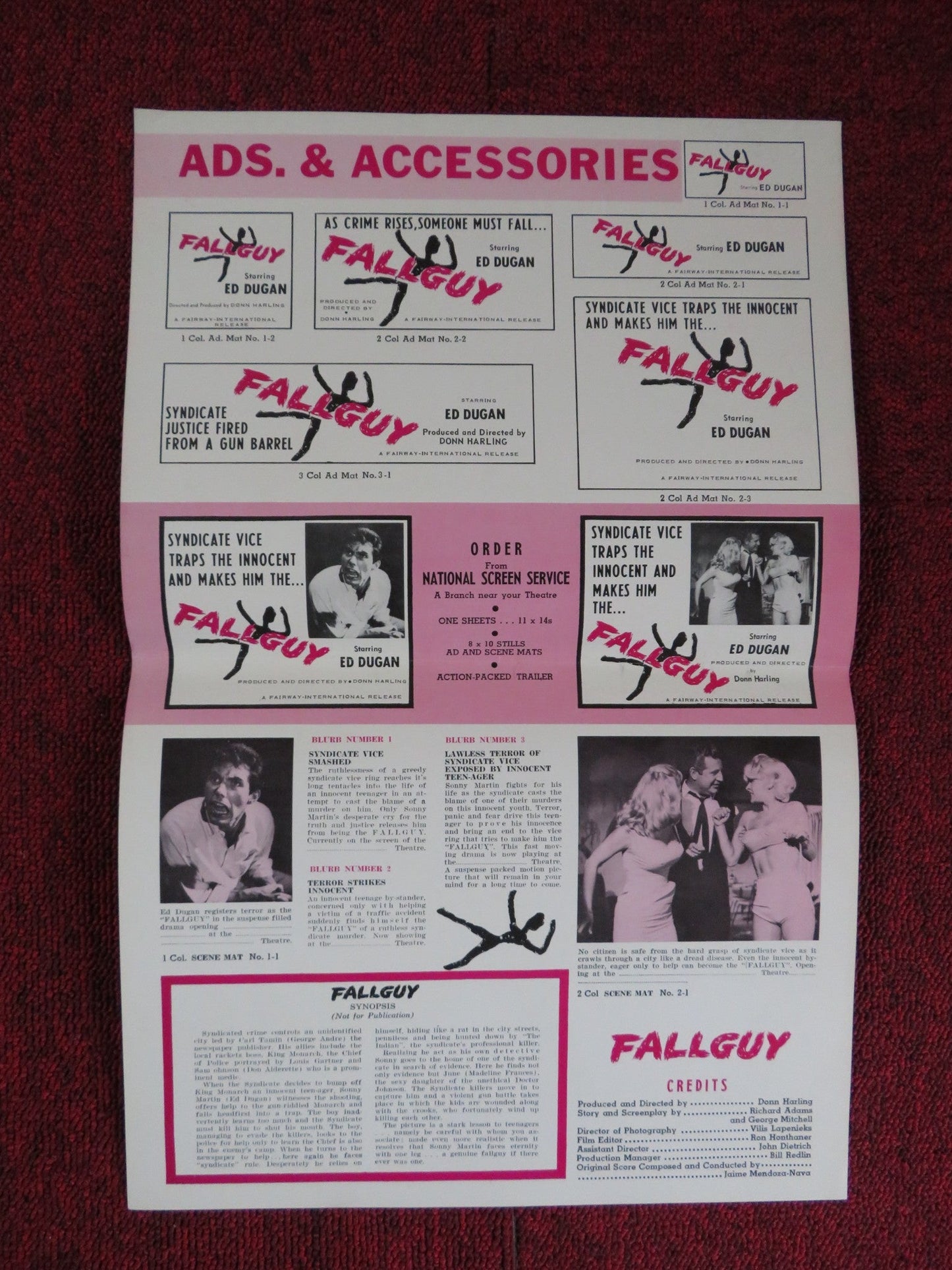 FALLGUY UNCUT FOLDED PRESS BOOK ED DUGAN GEORGE ANDRE 1962 Rendezvous Cinema Movie posters