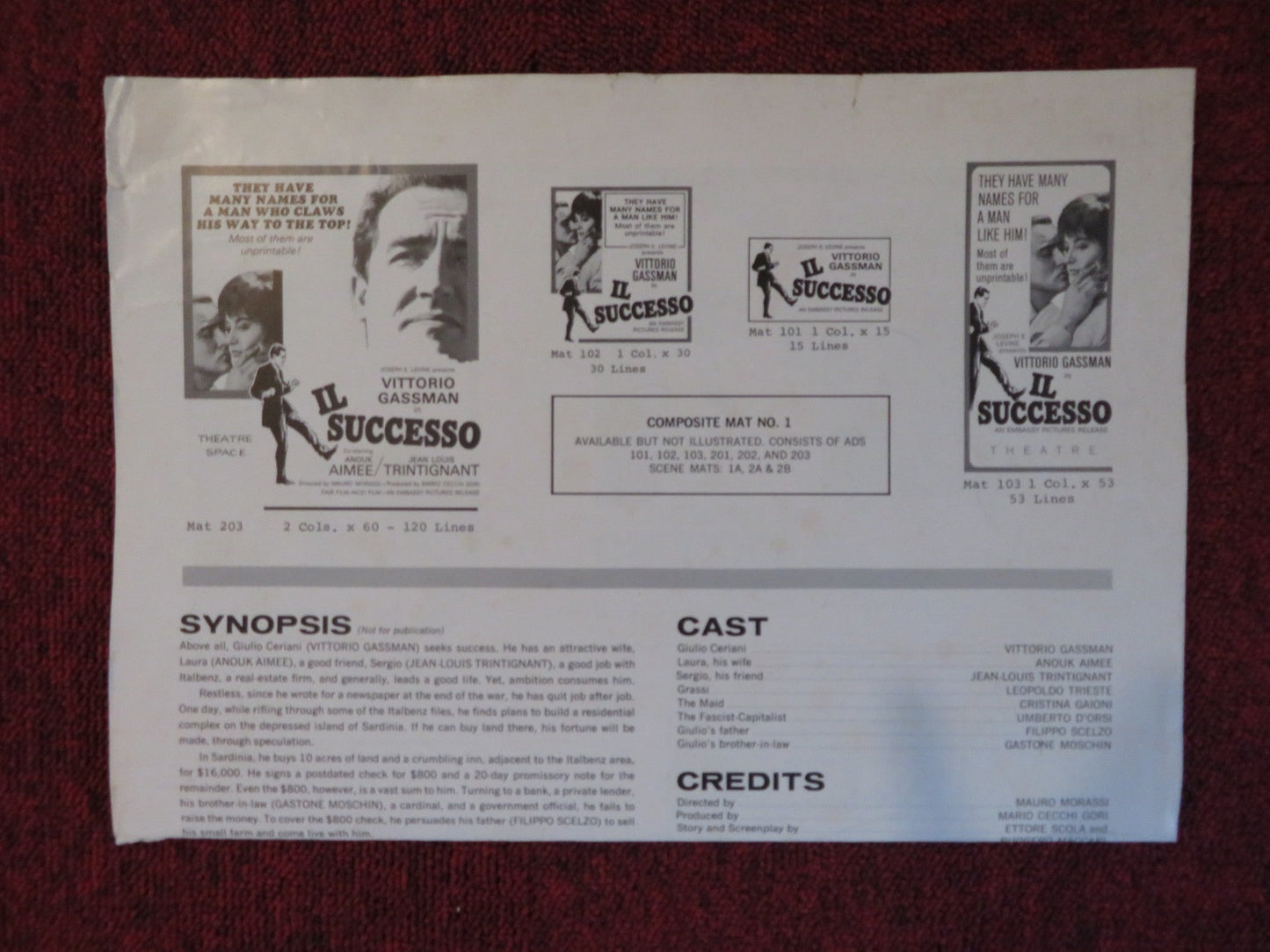 IL SUCCESSO UNCUT EMBASSY PICTURES FOLDED PRESS BOOK VITTORIO GASSMAN 1963 Rendezvous Cinema Movie posters