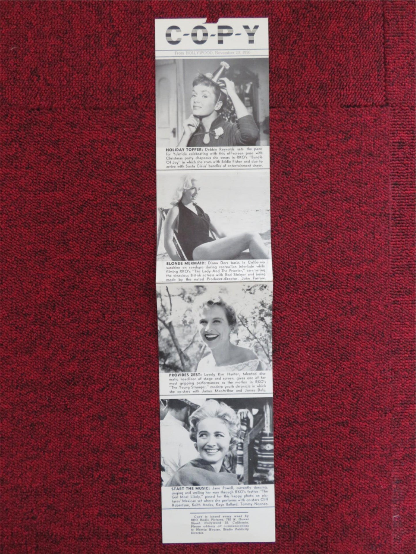 COPY FLYER NOV. 23, 1956 RKO RADIO DEBBIE REYNOLDS DIANA DORS KIM HUNTER - Rendezvous Cinema