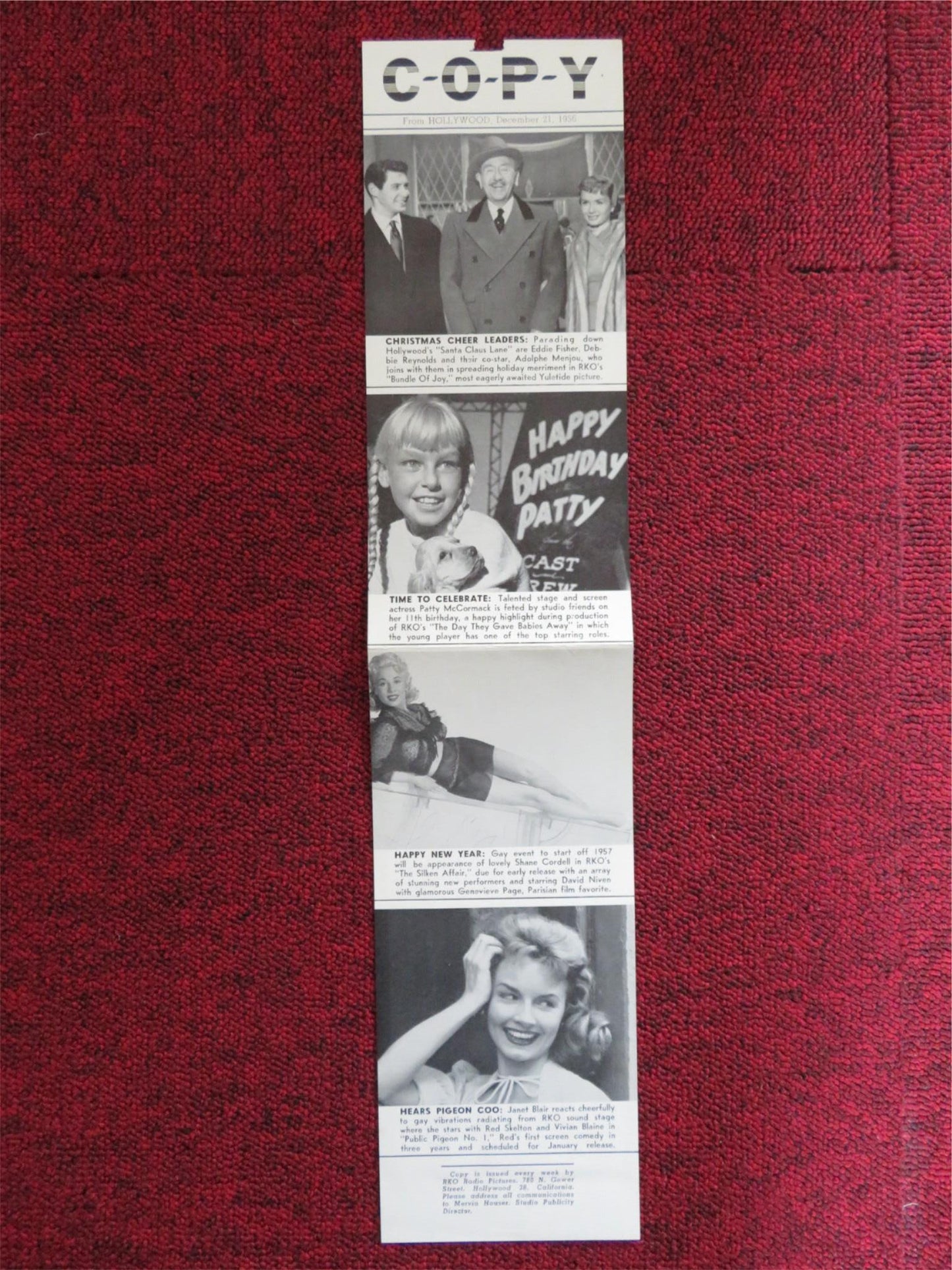 COPY FLYER DEC 21, 1956 RKO RADIO DEBBIE REYNOLDS PATTI MCCORMACK - Rendezvous Cinema