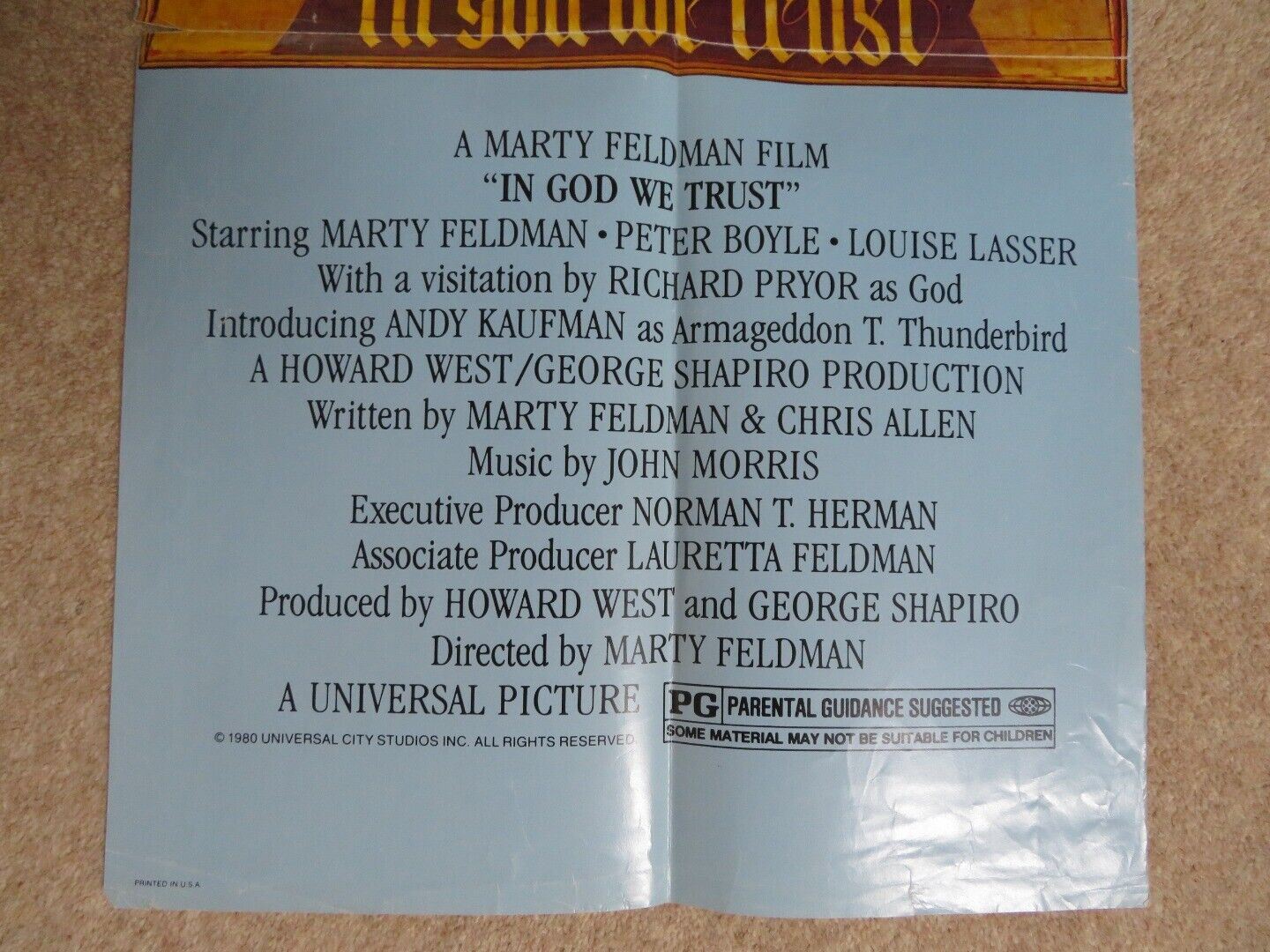 IN GOD WE TRUST FOLDED US INSERT (14.5"x 36") POSTER MARTY FELDMAN 1980 Movie posters