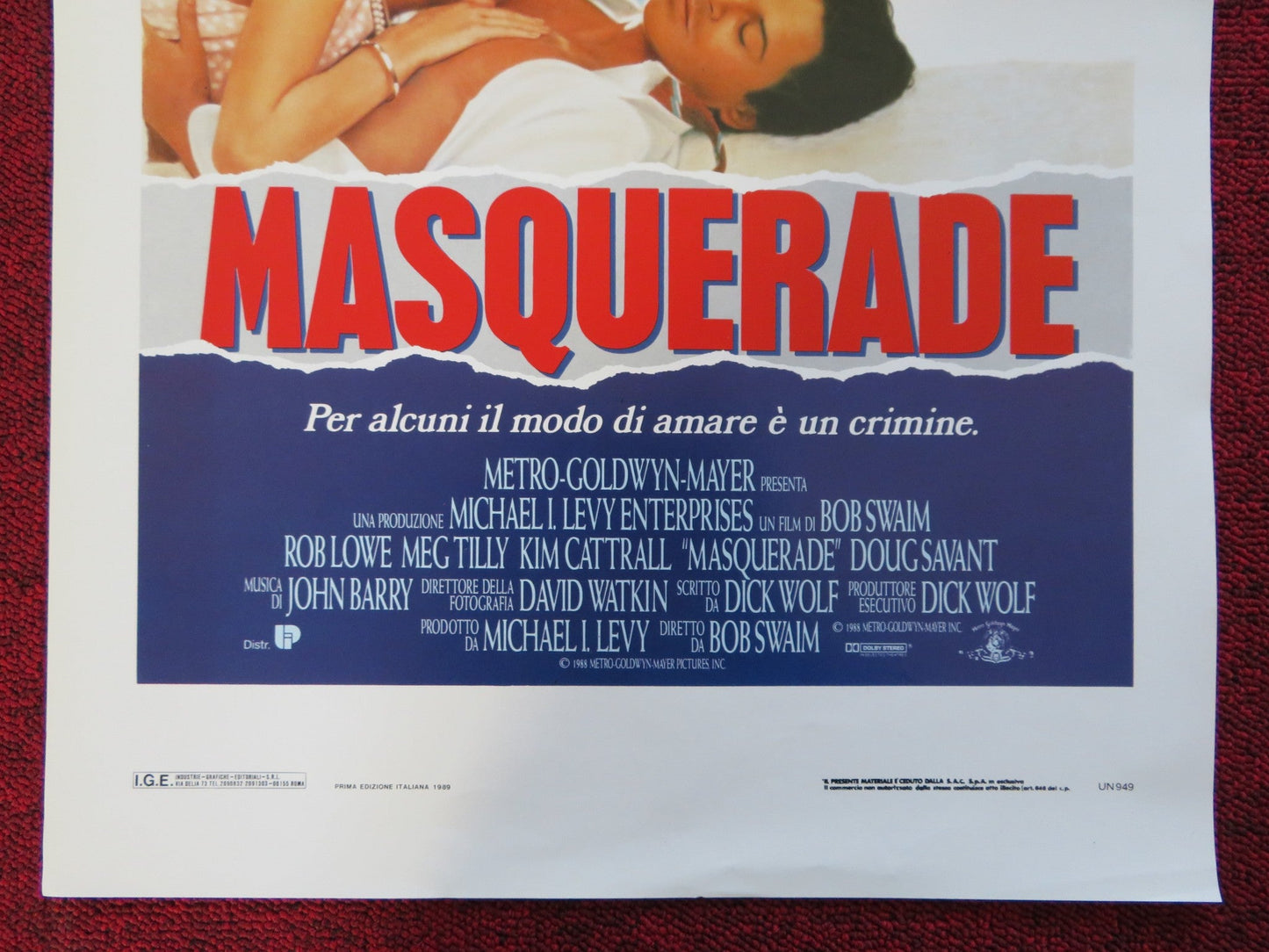 MASQUERADE ITALIAN LOCANDINA (27.5"x13") POSTER ROB LOWE MEG TILLY 1989 Rendezvous Cinema Movie posters