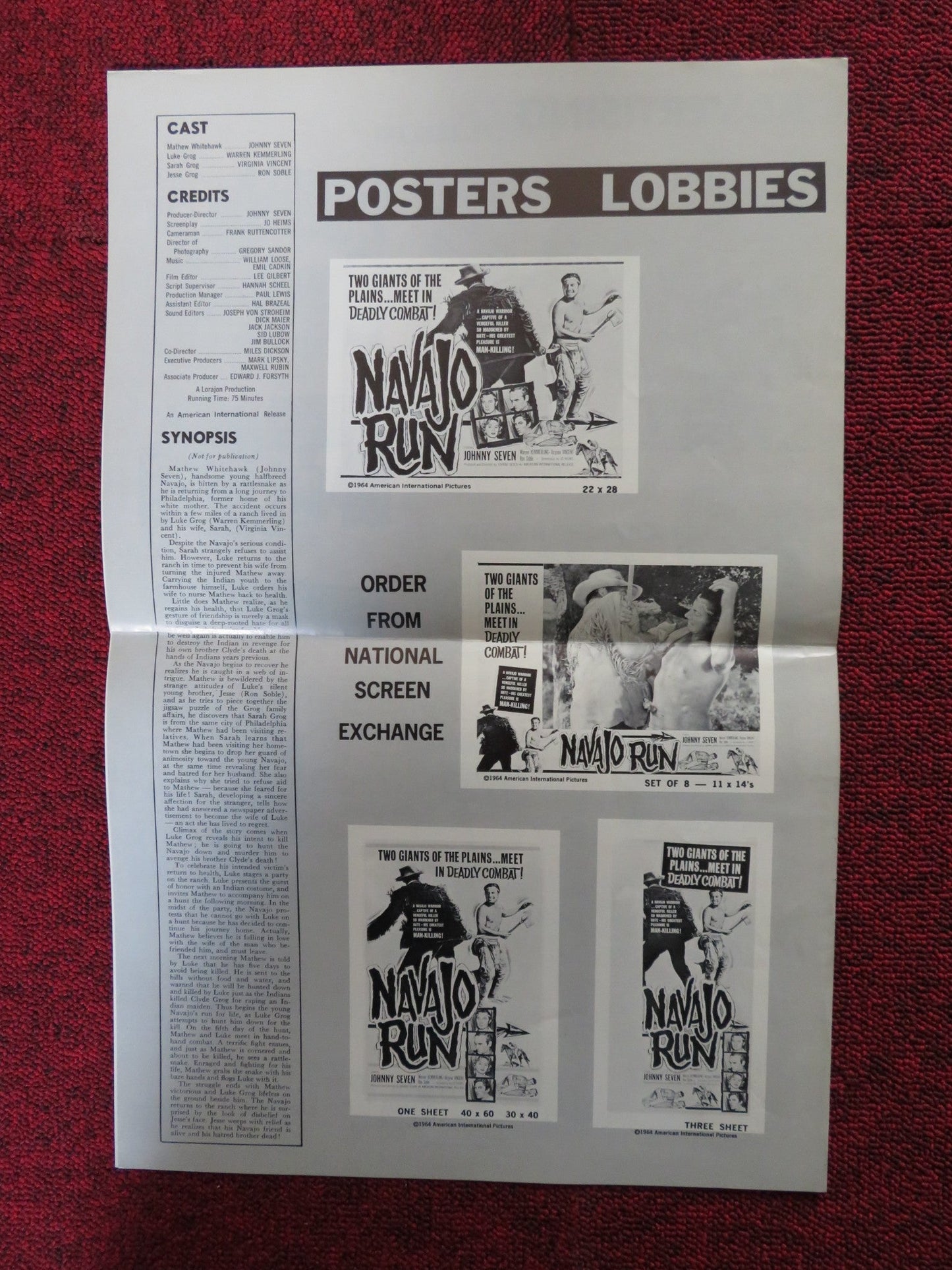 NAVAJO RUN - PRESSBOOK UNCUT AMERICAN INTERNATIONAL JOHNNY SEVEN WARREN 1964 Rendezvous Cinema Movie posters