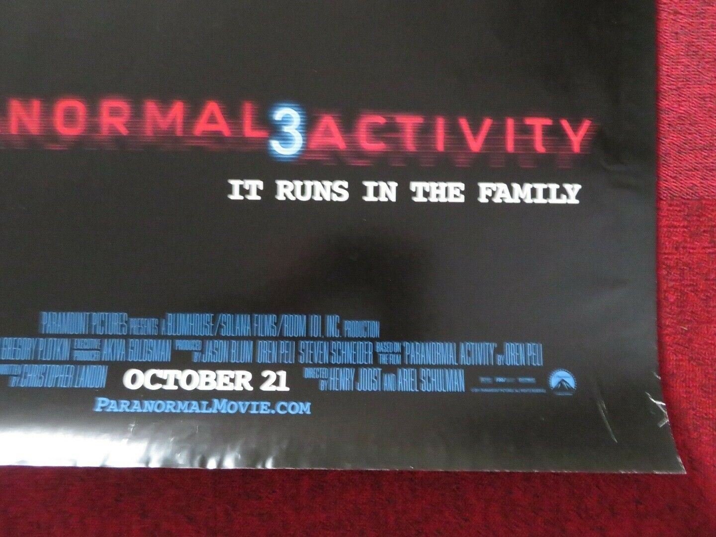 PARANORMAL ACTIVITY 3 US ONE SHEET ROLLED POSTER HENRY JOOST ARIEL SCHULMAN 2011 Movie posters