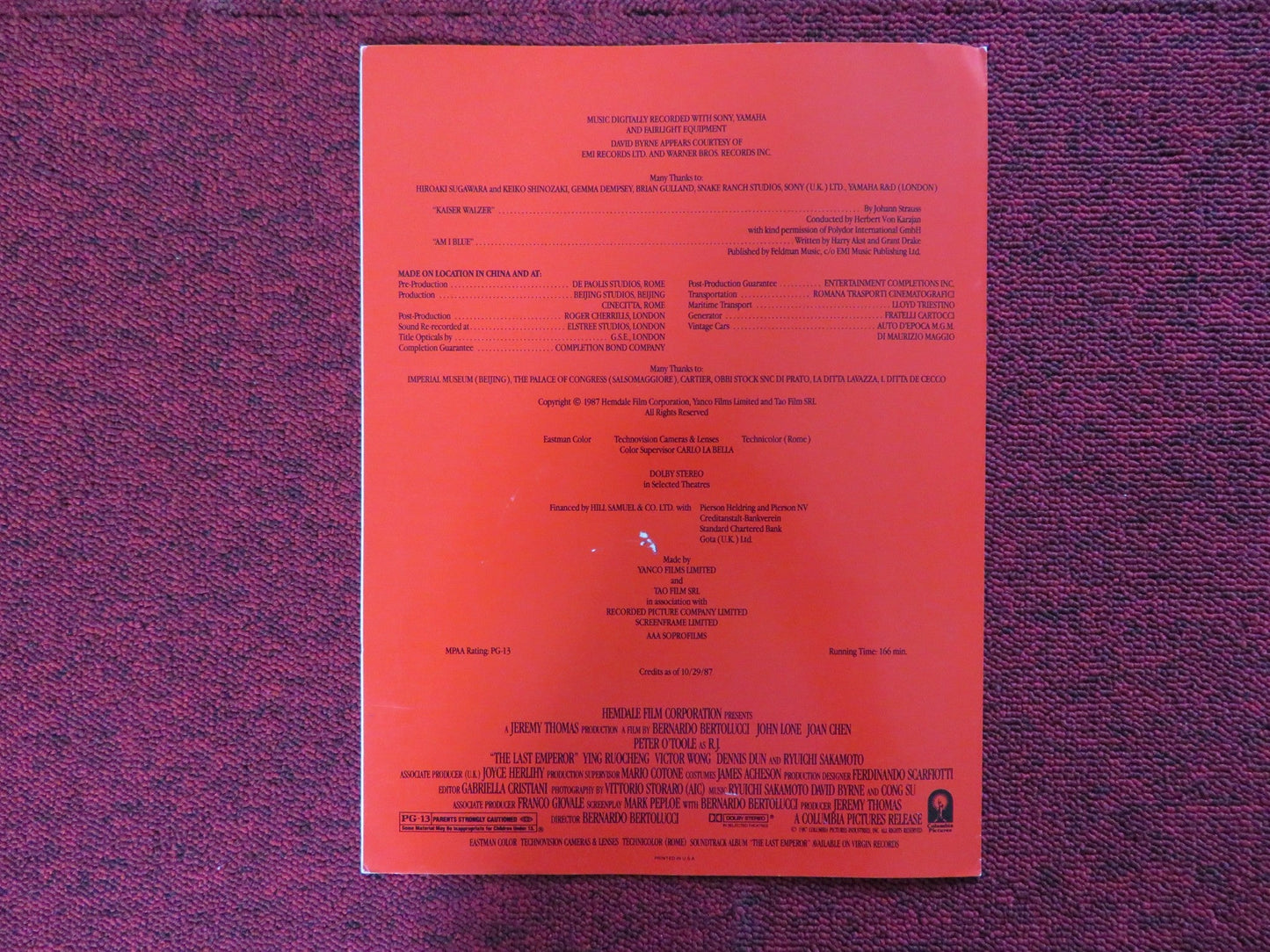 THE LAST EMPEROR US SCREENING PROGRAM JOHN LONE JOAN CHEN 1987 Rendezvous Cinema Movie posters