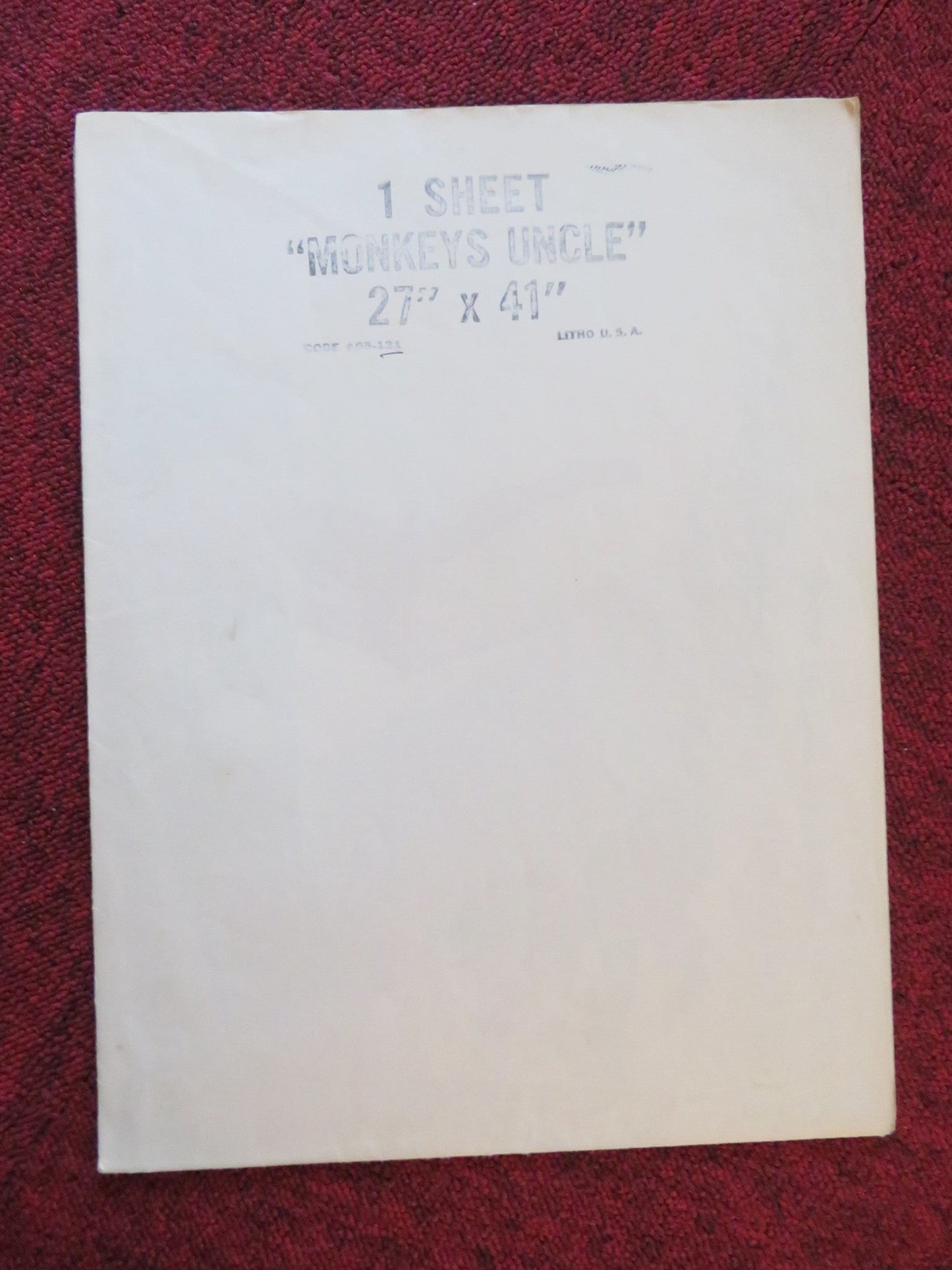 THE MONKEY'S UNCLE FOLDED US ONE SHEET POSTER DISNEY TOMMY KIRK 1964 Rendezvous Cinema Movie posters