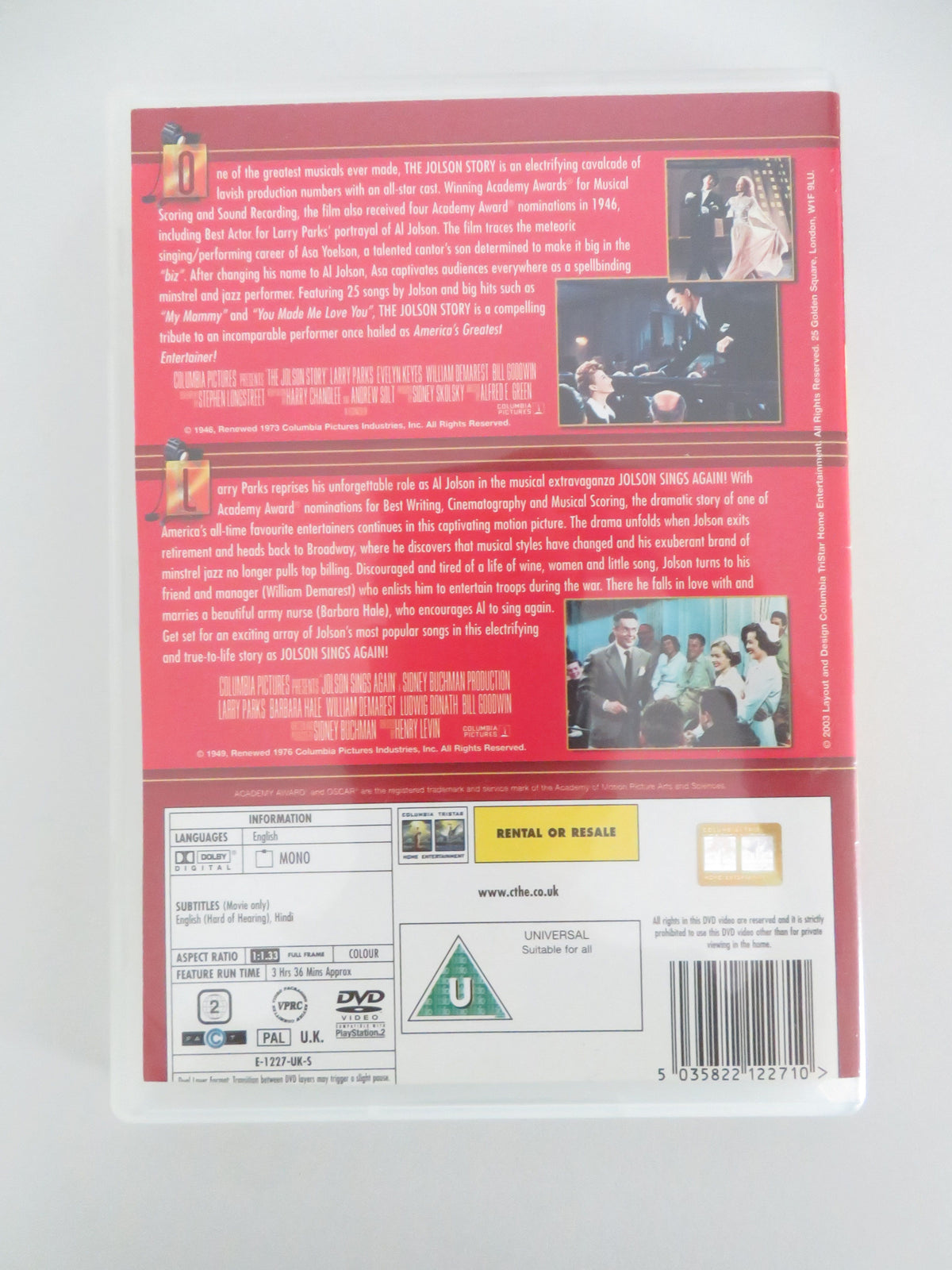 The Jolson Story and Jolson Sings Again (DVD) Larry Parks 1946 Region 2