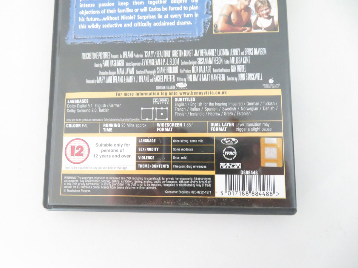 Crazy Beautiful (DVD) Kirsten Dunst Jay Hernandez 2001 Region 2