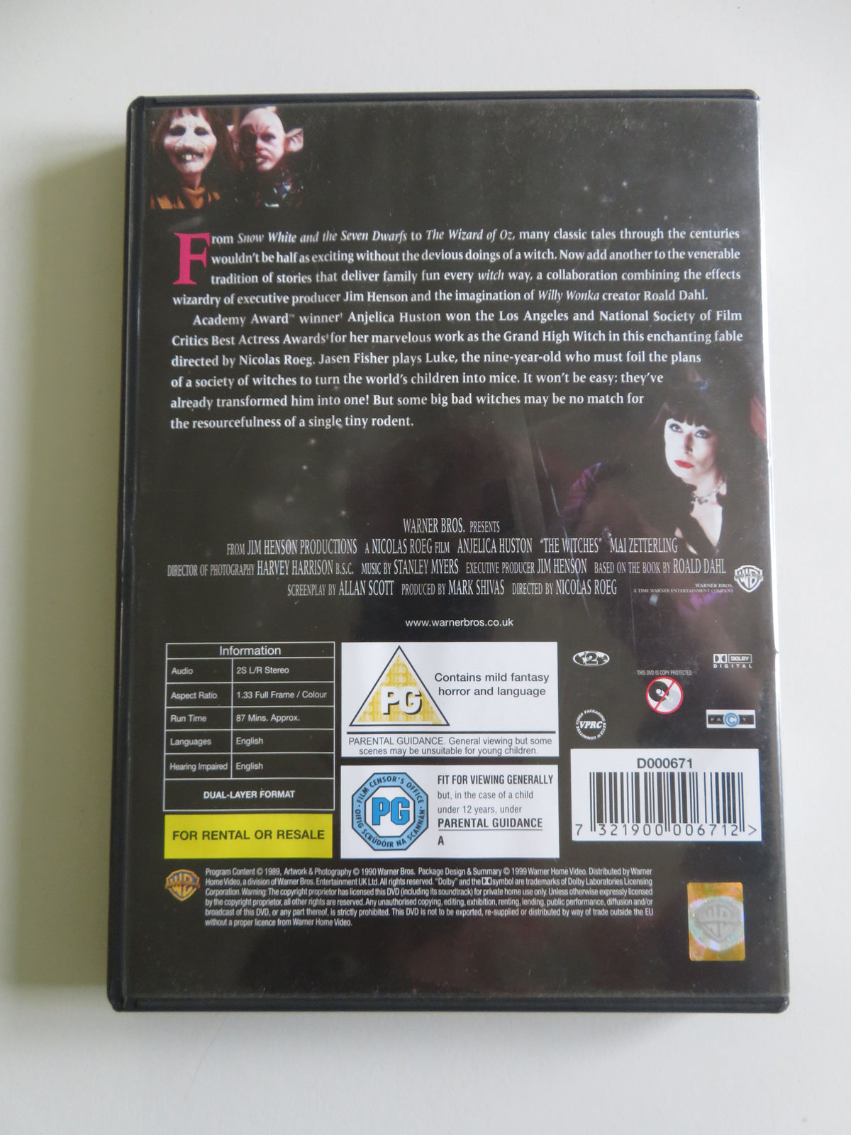 The Witches (DVD) Anjelica Huston Jane Horrocks Roald Dahl 1990 Region 2