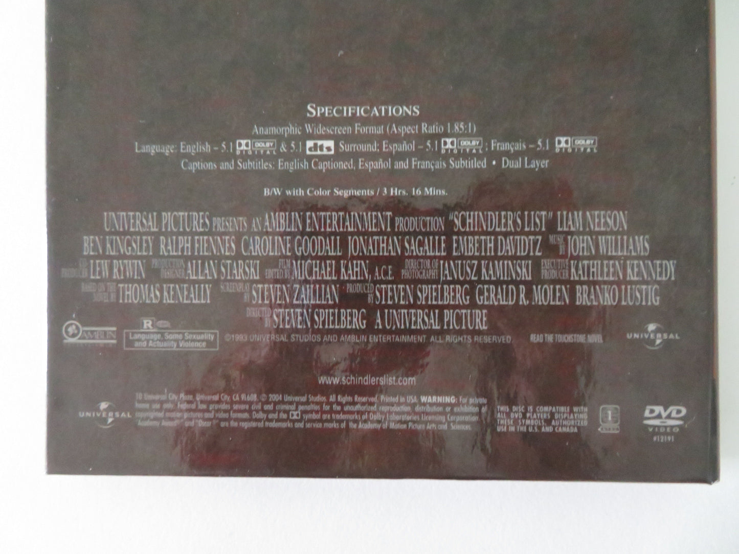 Schindler's List (DVD) Liam Neeson Ben Kingsley Ralph Fiennes 1993 Region 1