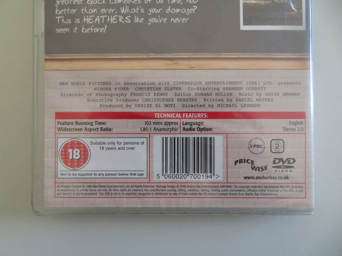 Heathers (DVD) Winona Ryder Christian Slater Shannen Doherty 1989 Region 2
