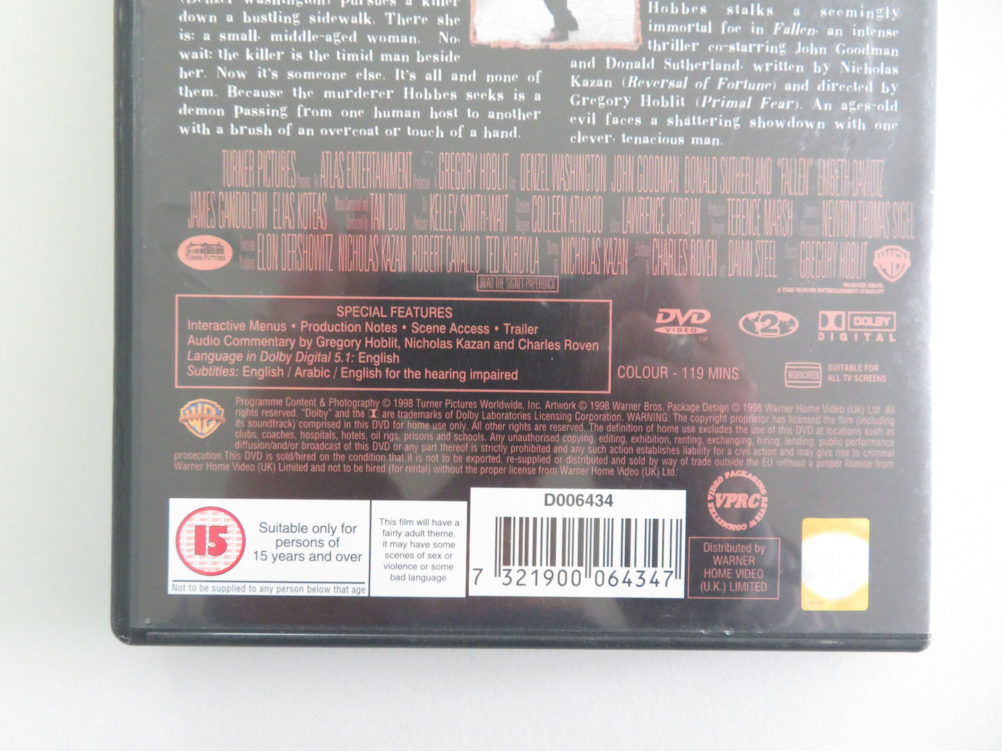 Fallen - B (DVD) Denzel Washington John Goodman 1998 Region 2