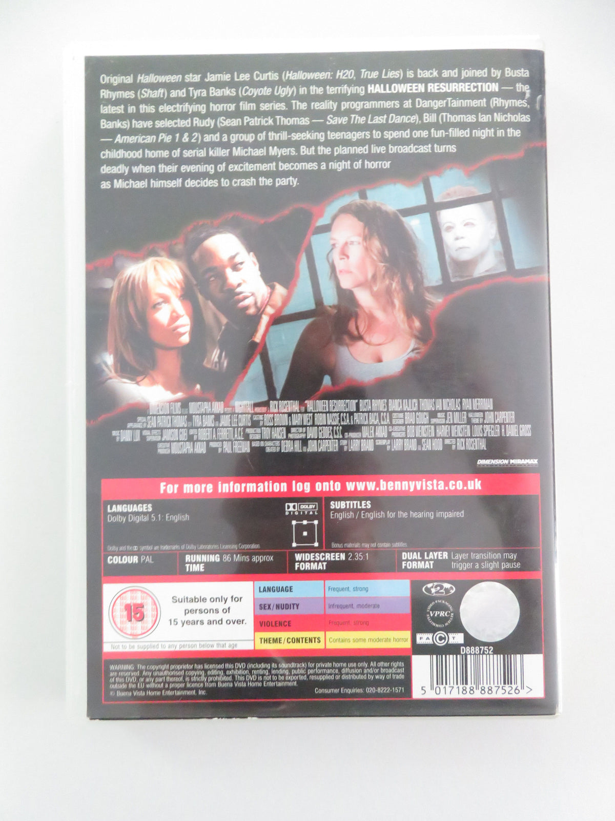 Halloween: Resurrection (DVD) Jamie Lee Curtis Busta Rhymes 2002 Region 2