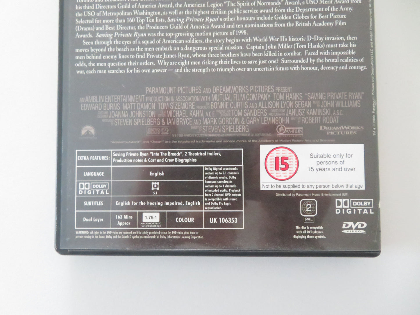 Saving Private Ryan (DVD) Tom Hanks Matt Damon Tom Sizemore 1998 Region 2