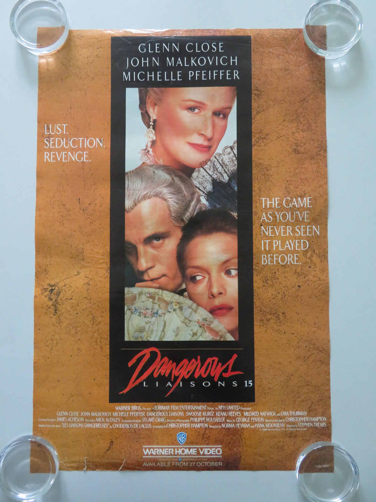 Dangerous Liaisons VHS Video Poster Rolled Glenn Close John Malkovich 1988