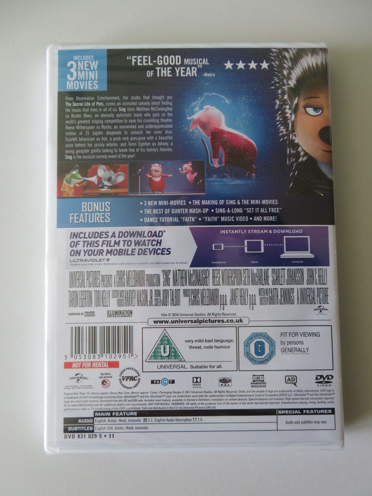 Sing - B (DVD) Matthew McConaughey Reese Witherspoon 2016 Region 2, 4, 5