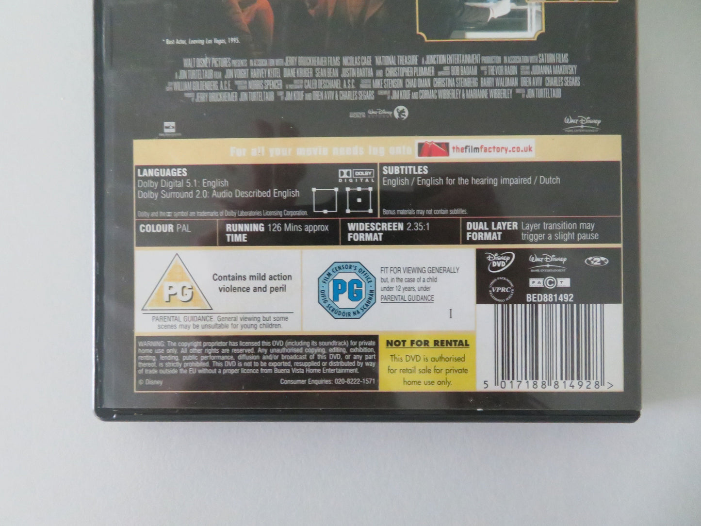 National Treasure (DVD) Disney Nicolas Cage Diane Kruger Justin Bartha 2004 Region 2