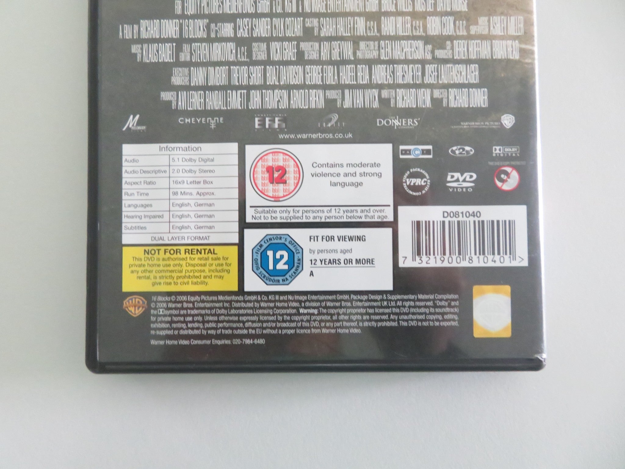 16 BLOCKS (DVD) BRUCE WILLIS MOS DEF 2006 REGION 2 – Rendezvous Cinema