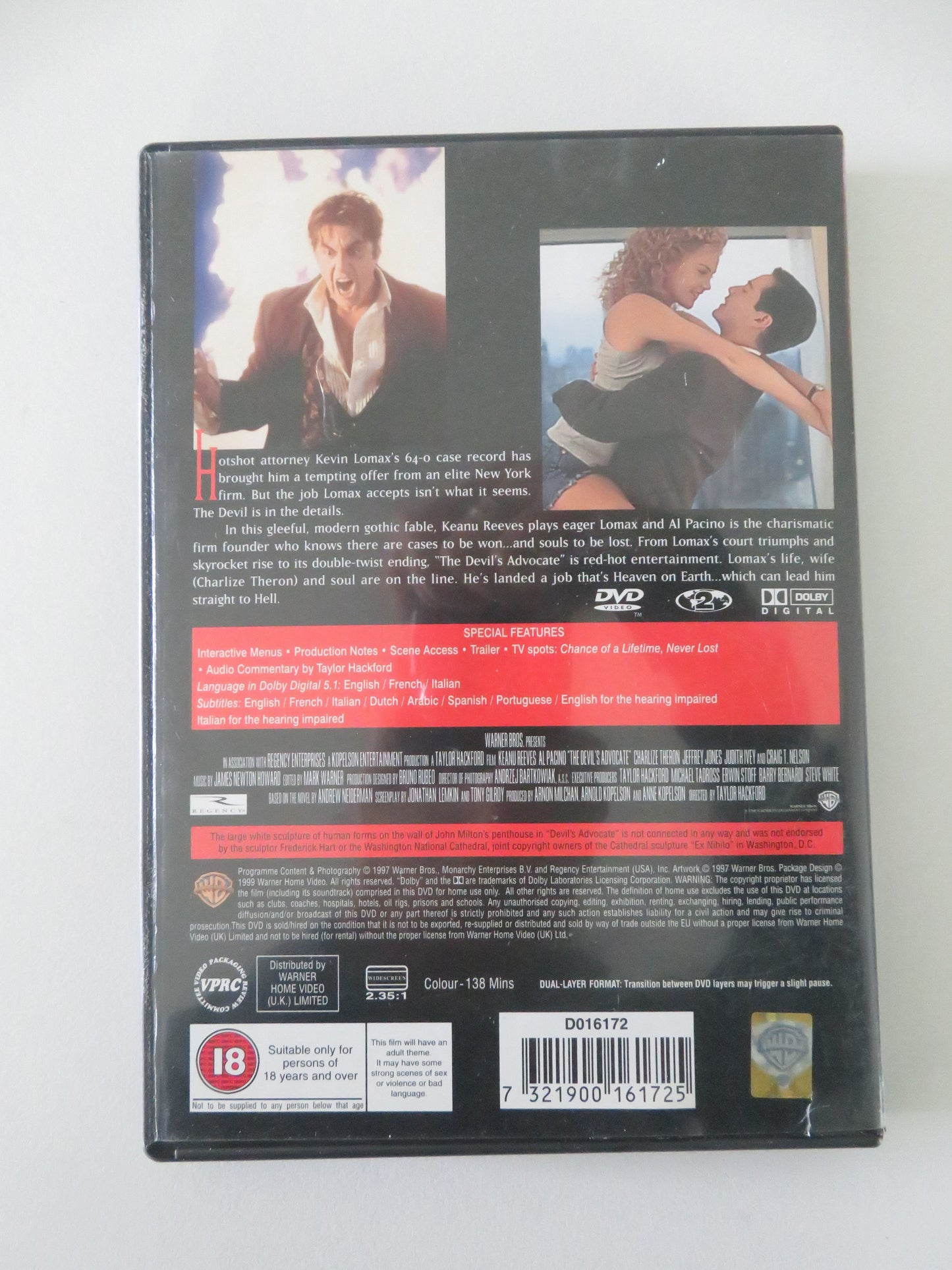 The Devil's Advocate (DVD) Keanu Reeves Al Pacino Charlize Theron 1997 Region 2