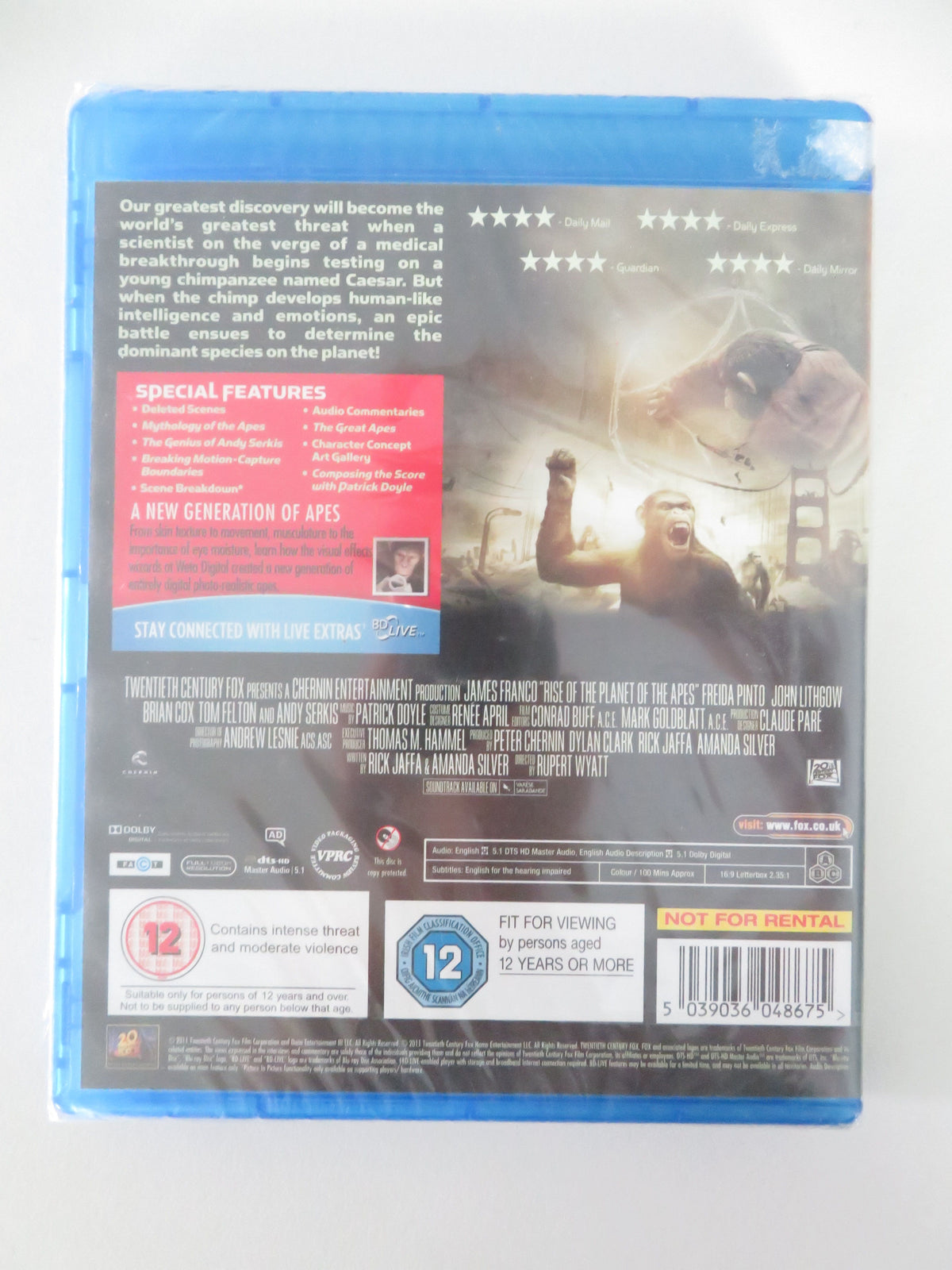 Rise of the Planet of the Apes (BLU-RAY) James Franco A Serkis 2011 Region A,B,C
