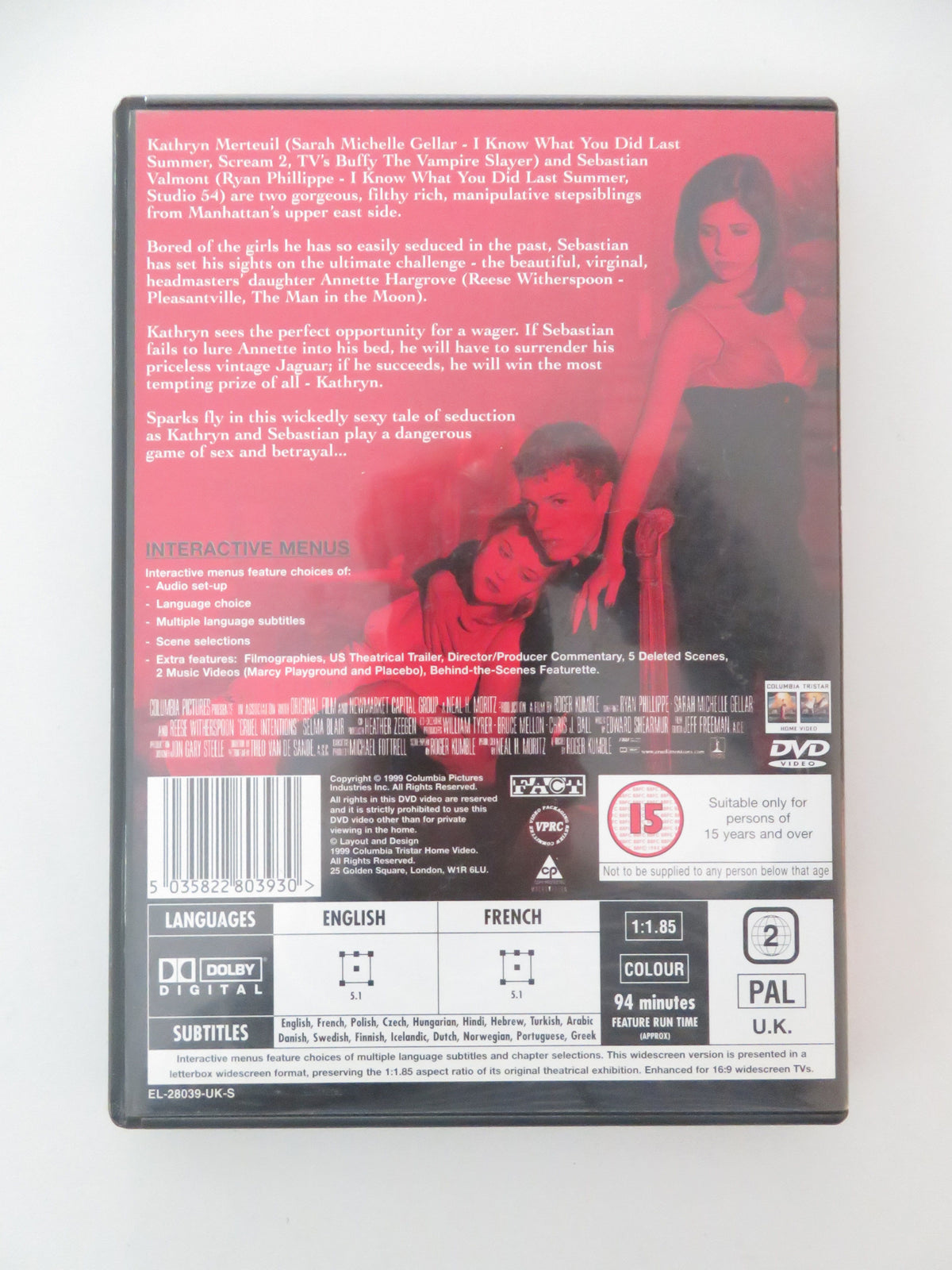Cruel Intentions - B (DVD) Sarah Michelle Gellar Ryan Phillippe 1999 Region 2