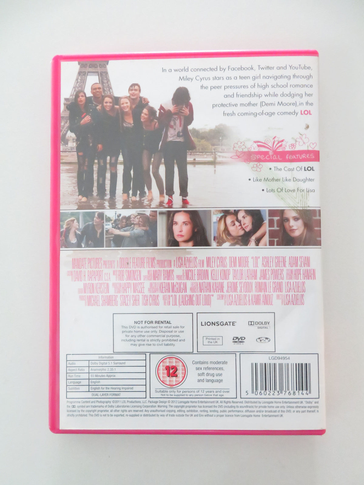 LOL (DVD) Miley Cyrus Douglas Booth Ashley Greene Demi Moore 2012 Region 2