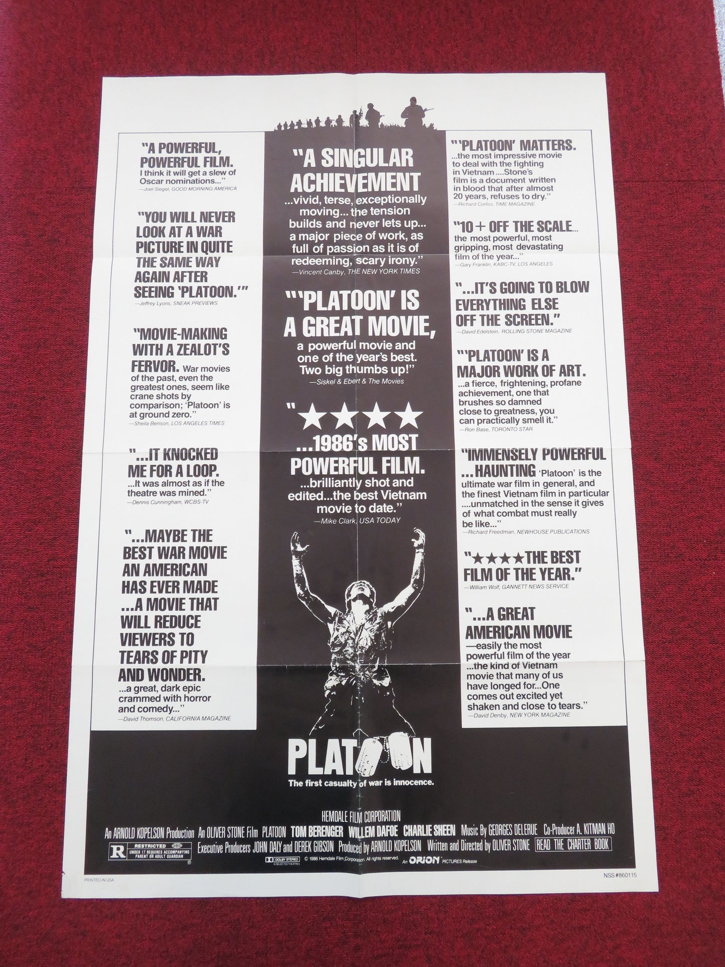 Platoon Folded US One Sheet Poster Tom Berenger Willem Dafoe Charlie Sheen 1986