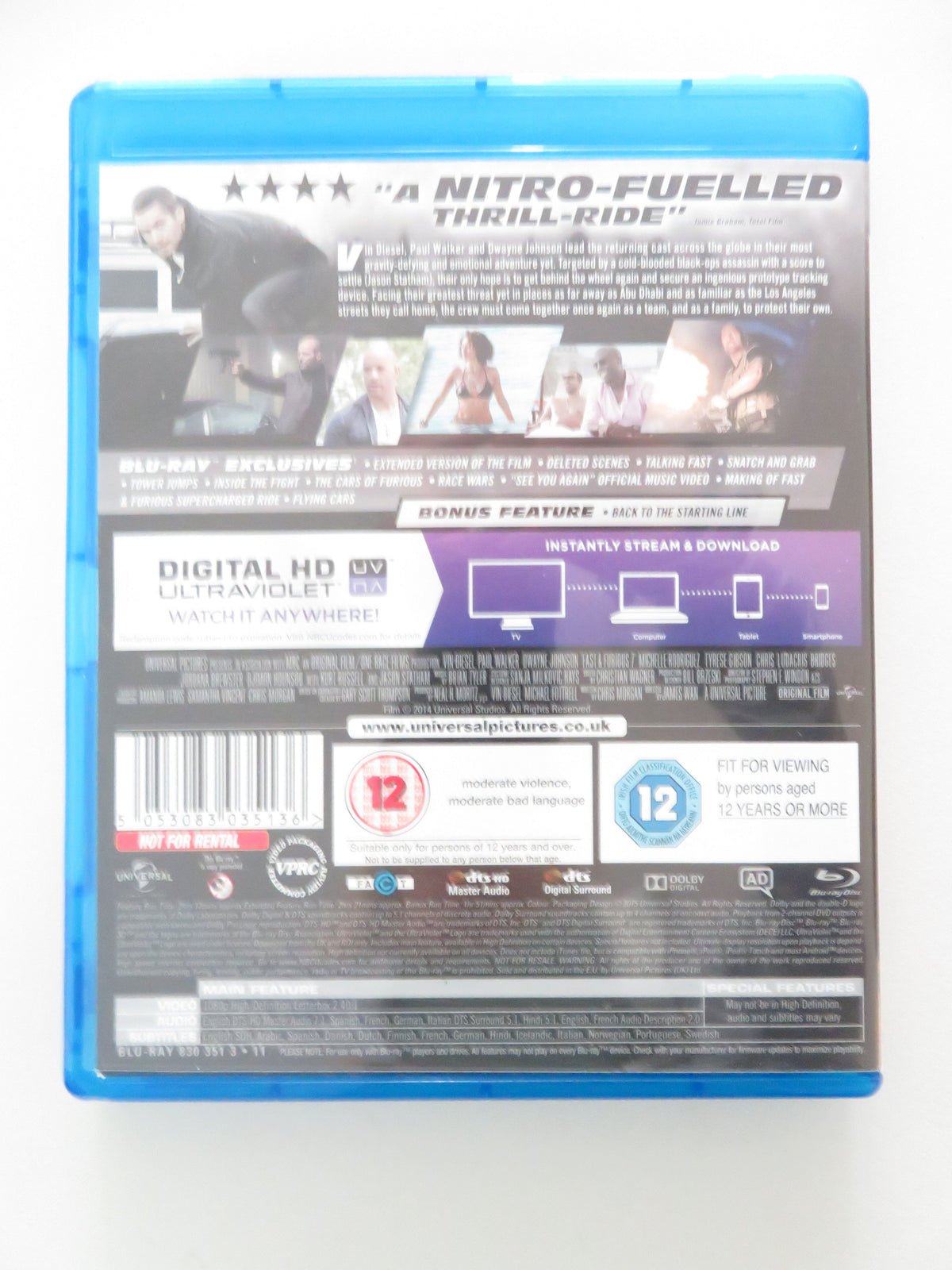 Fast and Furious 7 Extended Edition (BLU-RAY) V. Diesel Walker 2015 Region Free