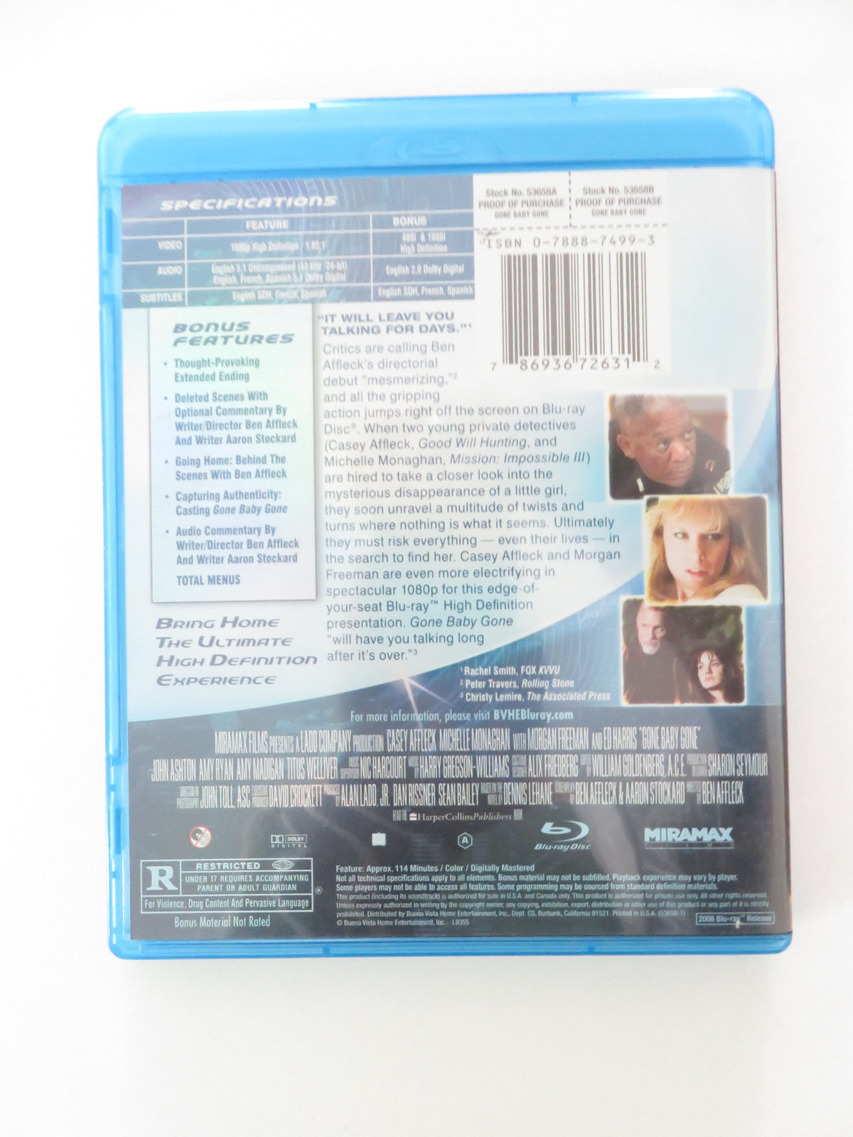 Gone Baby Gone (BLU-RAY) Morgan Freeman Ed Harris Casey Affleck 2007 Region A