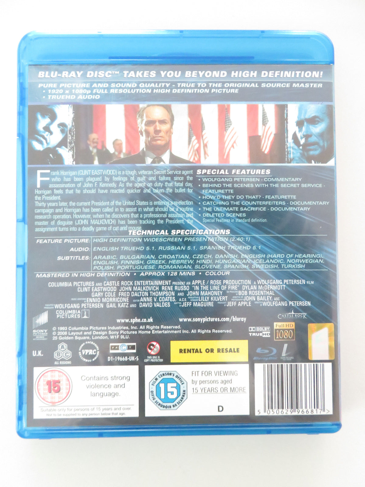In the Line of Fire (BLU-RAY) Clint Eastwood John Malkovich 1993 Region A, B,  C