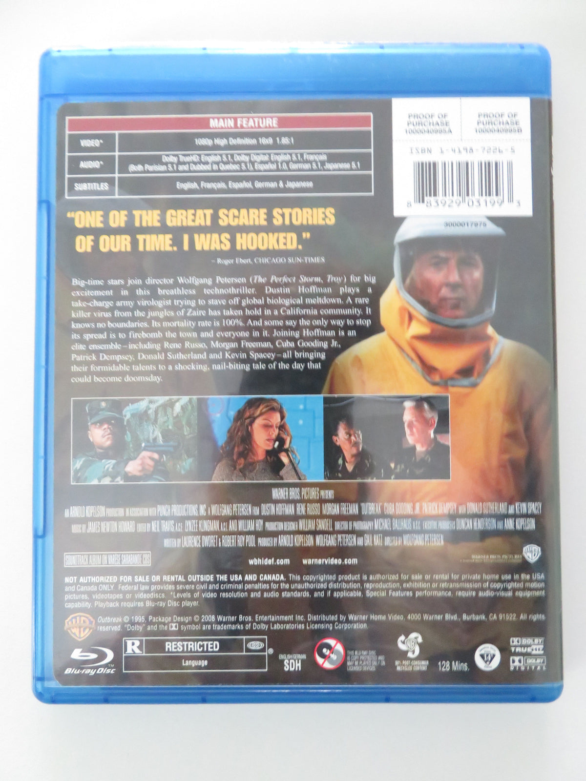 Outbreak (BLU-RAY) Dustin Hoffman Rene Russo Morgan Freeman 1995