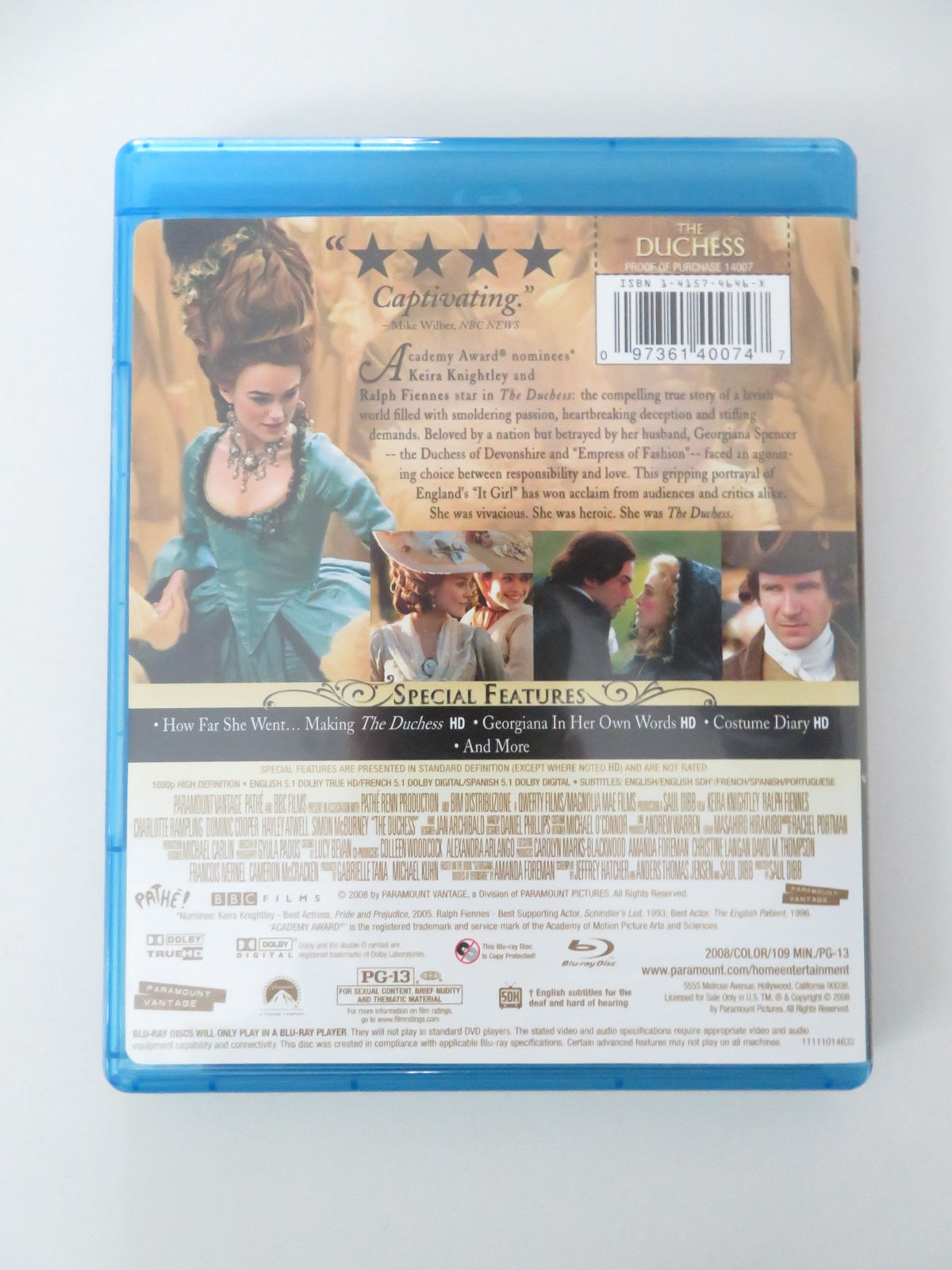 The Duchess (BLU-RAY) Keira Knightley Ralph Fiennes Dominic Cooper 2008