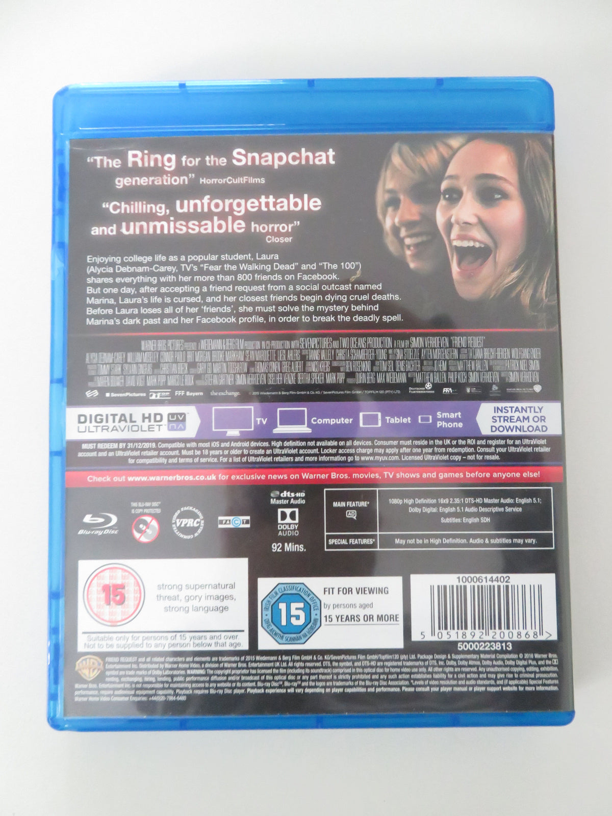 Friend Request (BLU-RAY) Alycia Debnam-Carey Connor Paolo 2016 Region free